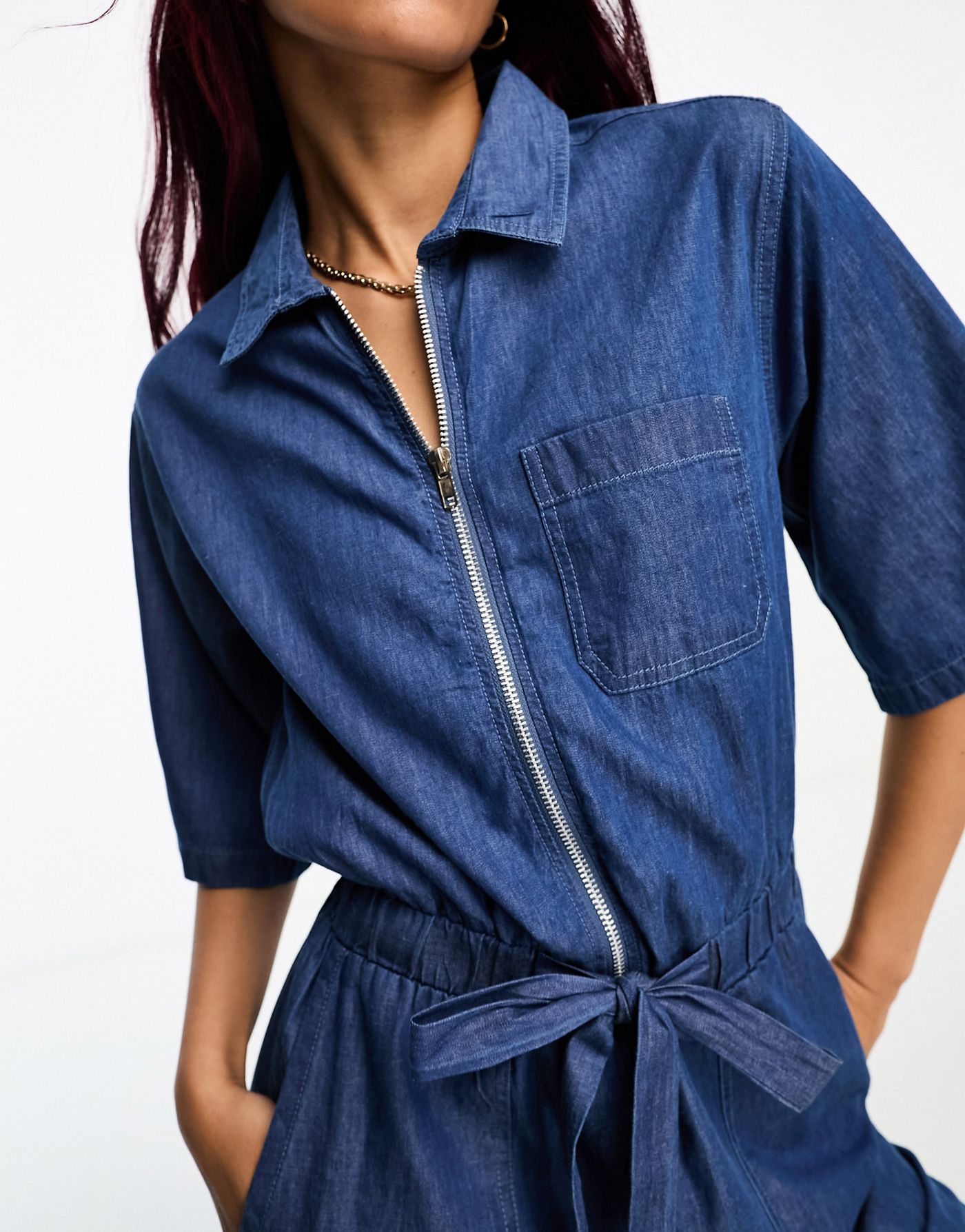 French Connection belted playsuit in chambray blue
