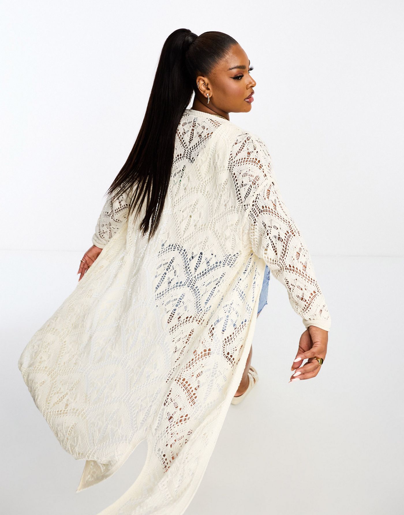 Yours maxi crochet cardigan in cream