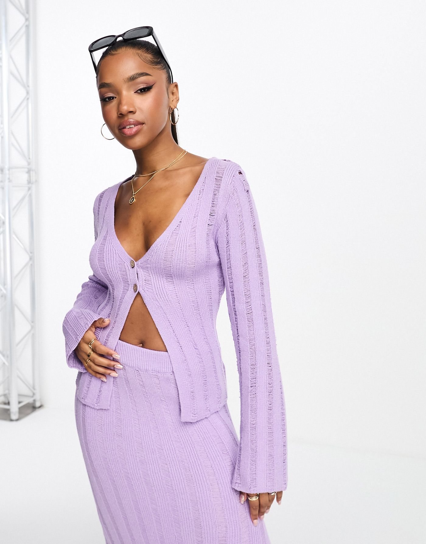 Bailey Rose button front rib knit cardigan in lilac co-ord