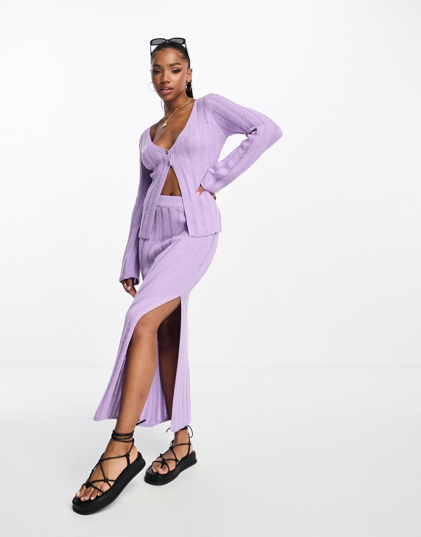 Bailey Rose button front rib knit cardigan in lilac co-ord