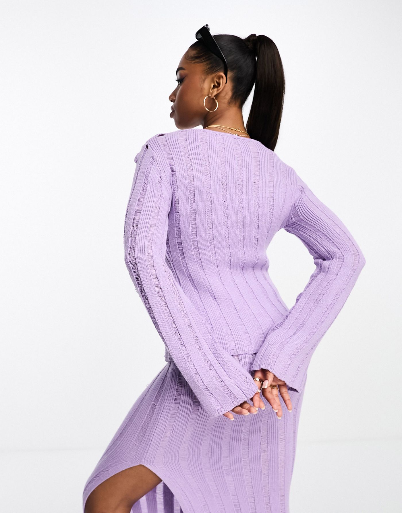 Bailey Rose button front rib knit cardigan in lilac co-ord