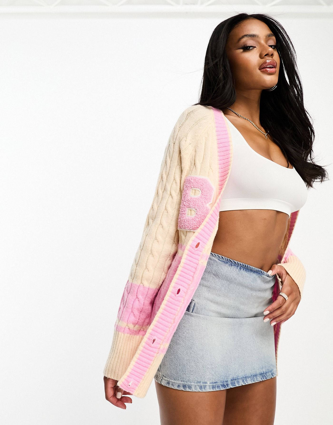 Something New X Flamefaire varsity longline cardigan with B logo in pink