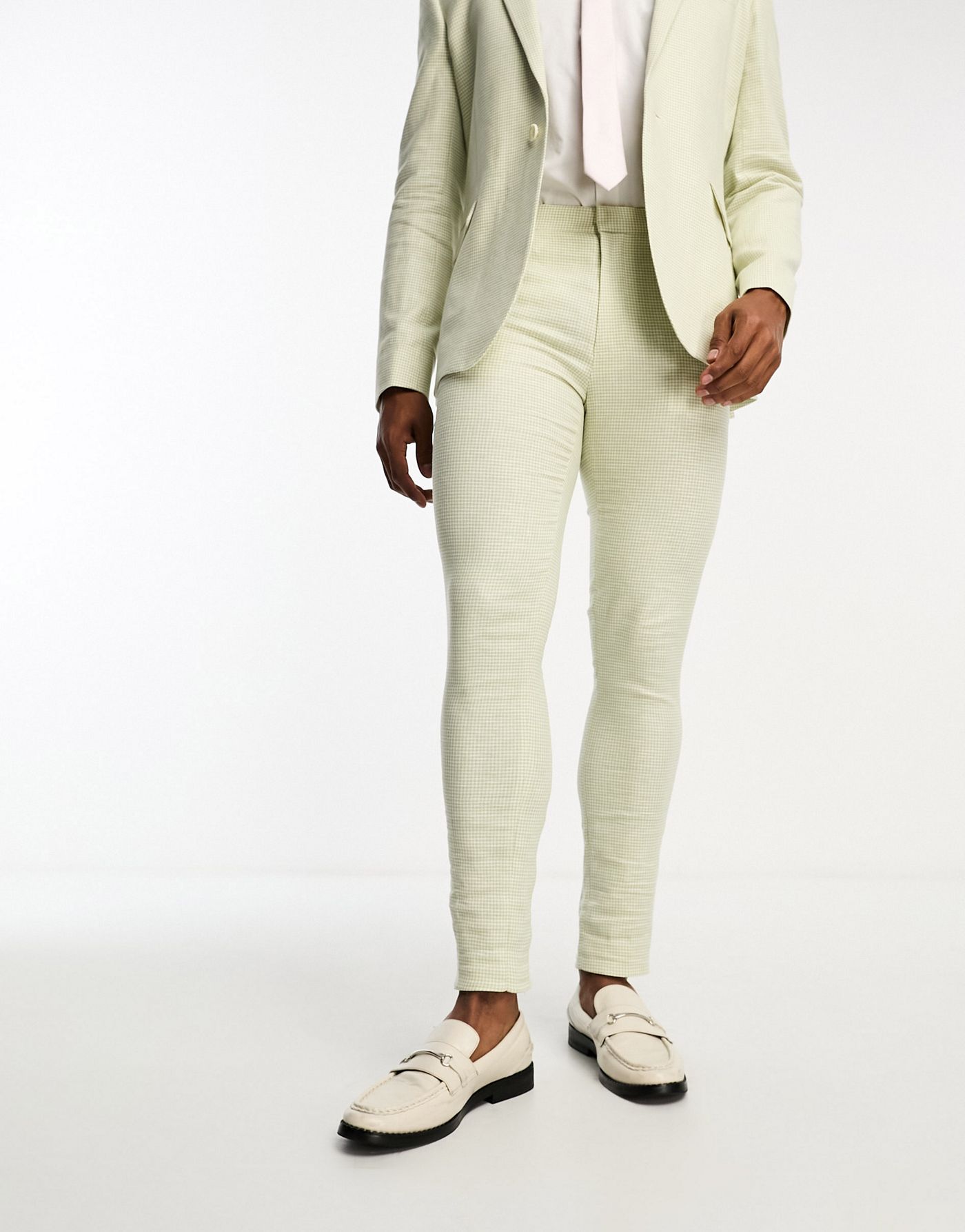 ASOS DESIGN super skinny suit trouser in linen mix in puppytooth check in green