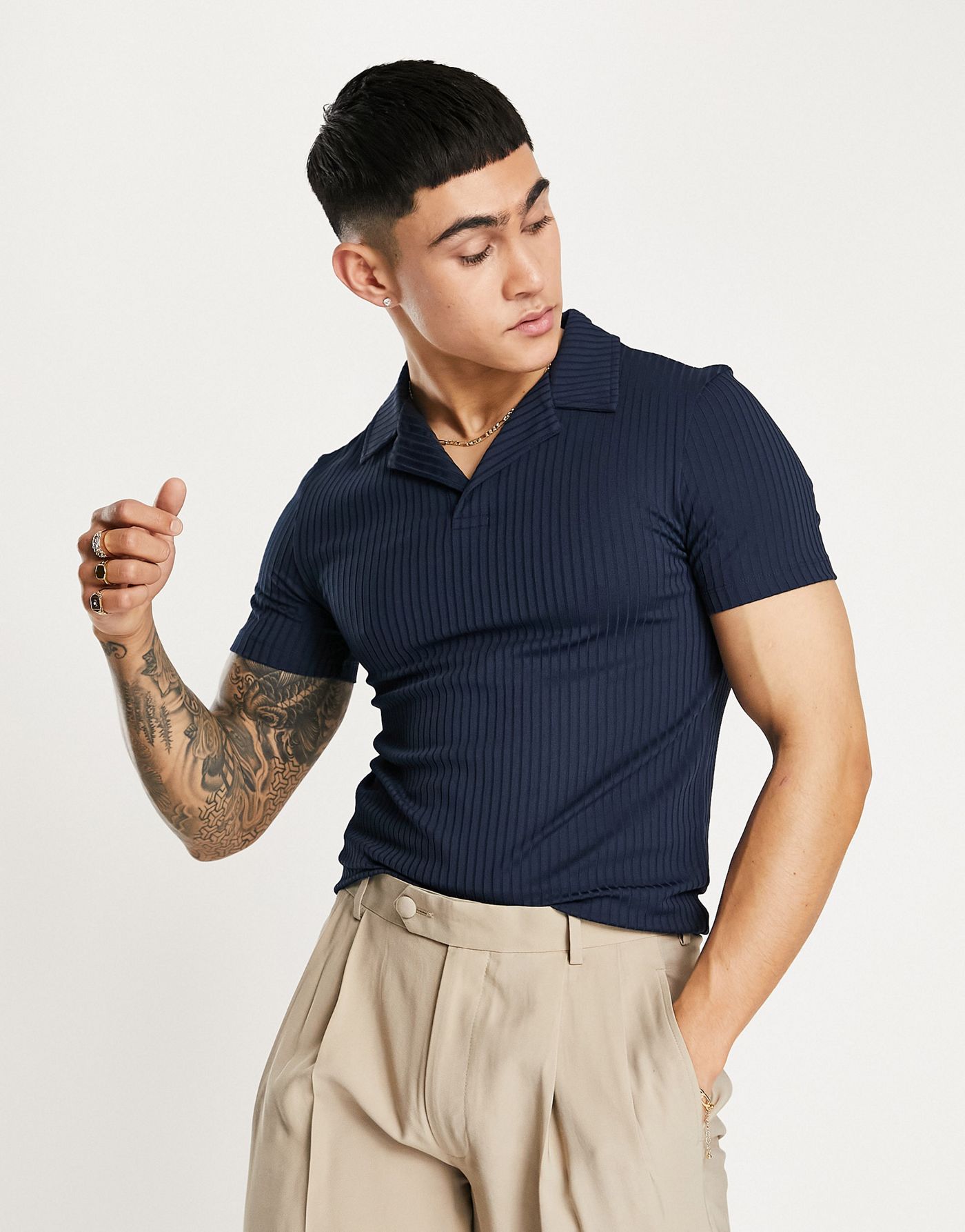 ASOS DESIGN muscle fit ribbed revere polo in navy