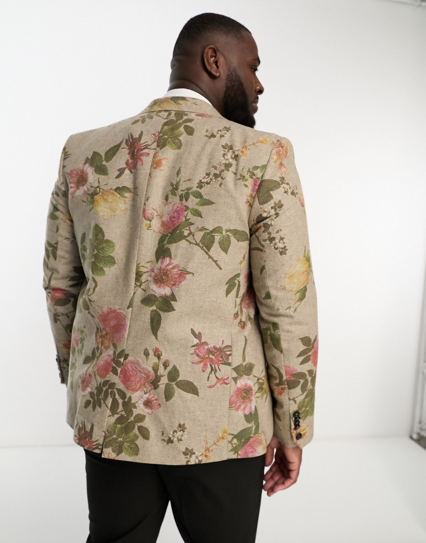 Twisted tailor Plus sember suit jacket in beige wool with placement floral print