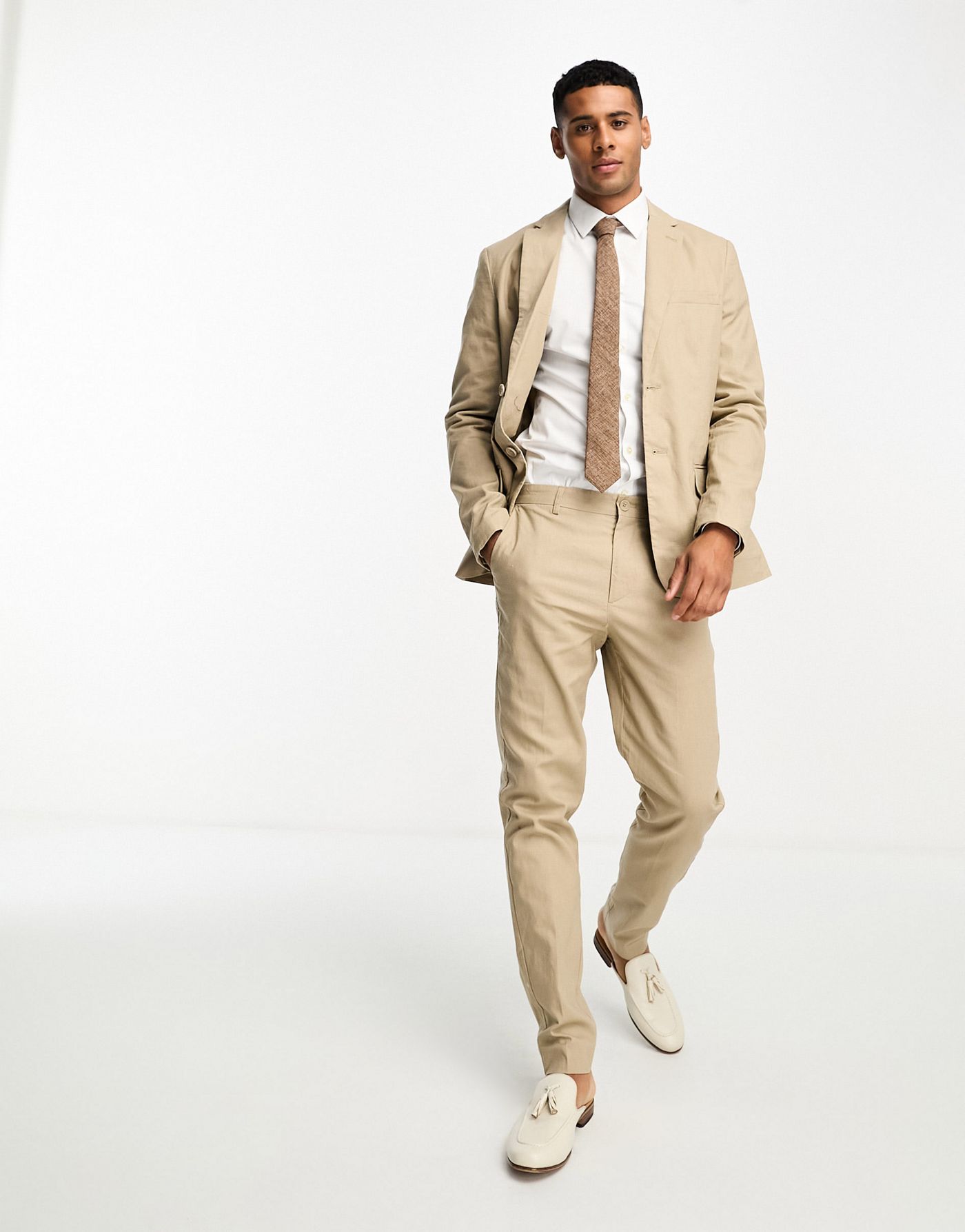 Only & Sons slim fit linen mix suit jacket in beige