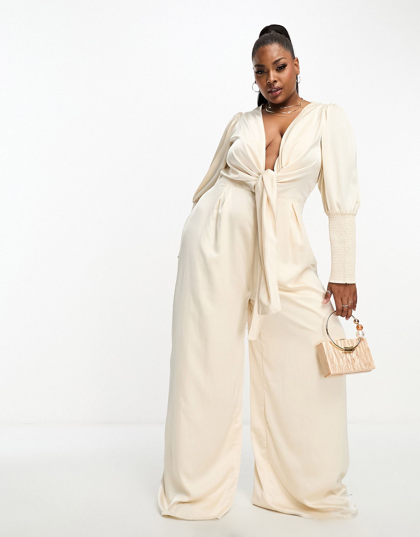 Collective the Label Curve exclusive plunge front wide leg jumpsuit in oyster