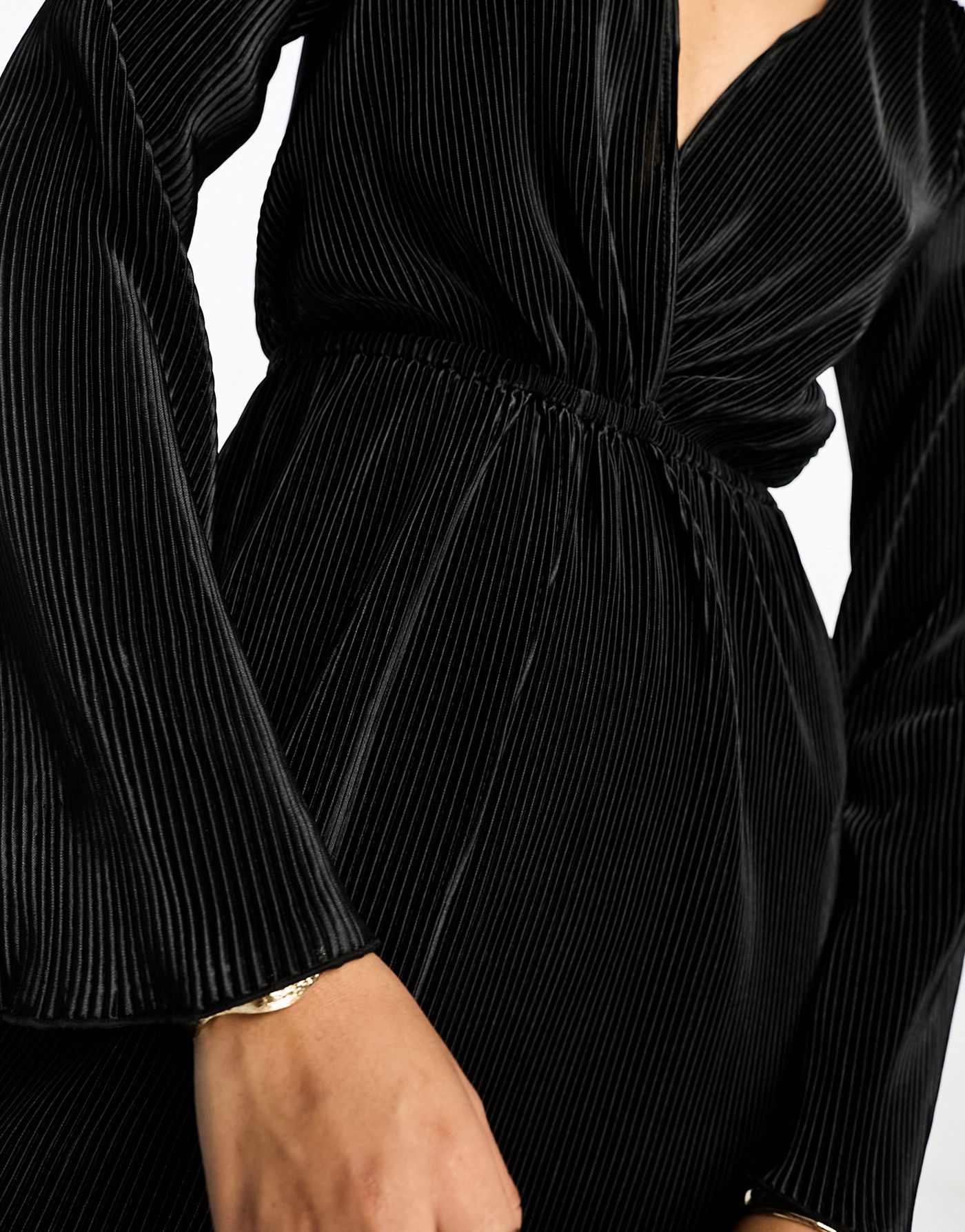 ASOS DESIGN plisse long sleeve shirt jumpsuit in black