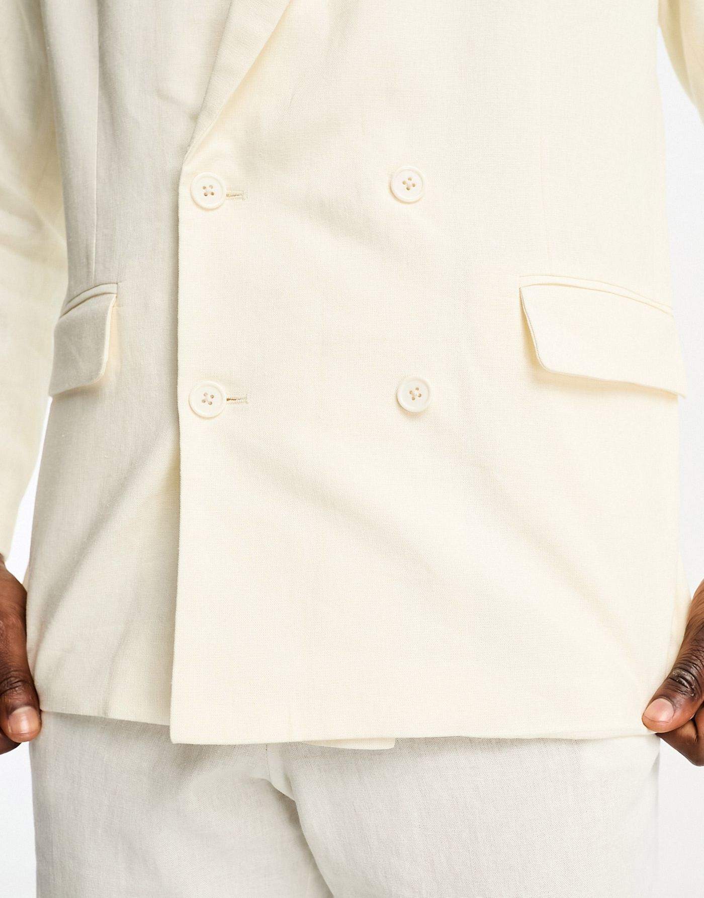 ADPT relaxed fit double breasted suit jacket in off white linen
