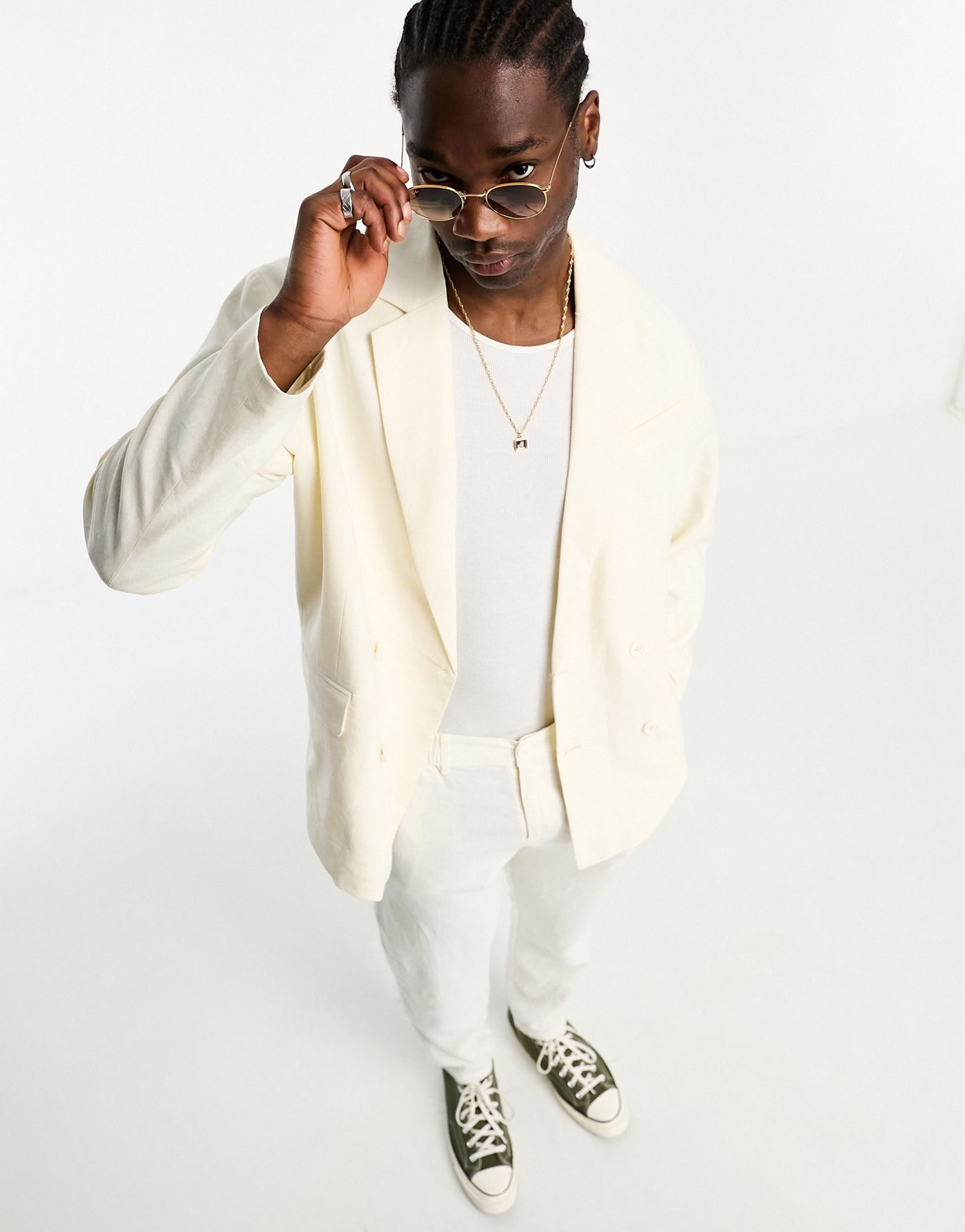 ADPT relaxed fit double breasted suit jacket in off white linen