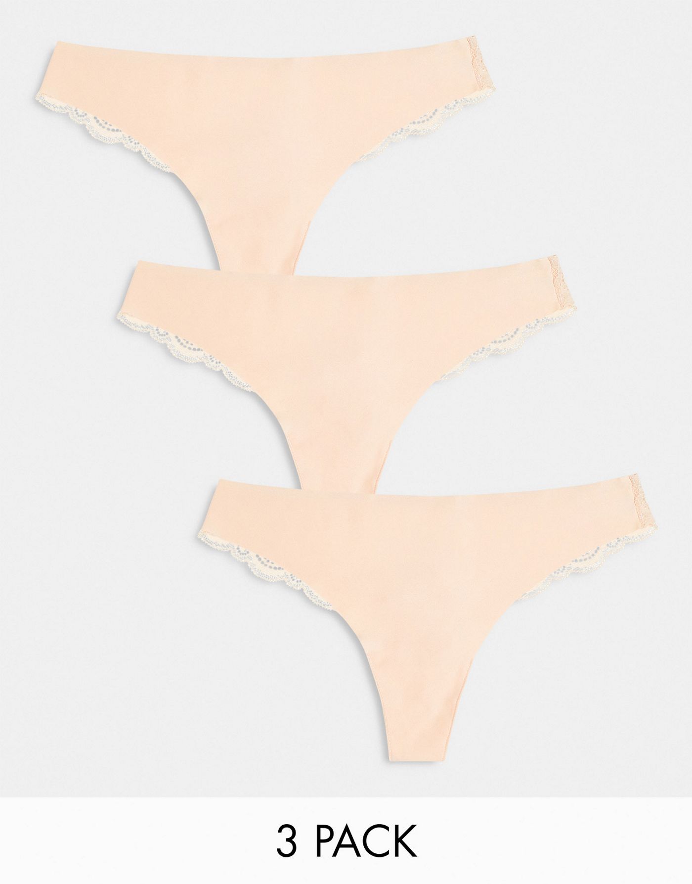 ASOS DESIGN 3 pack no VPL & lace thong in beige