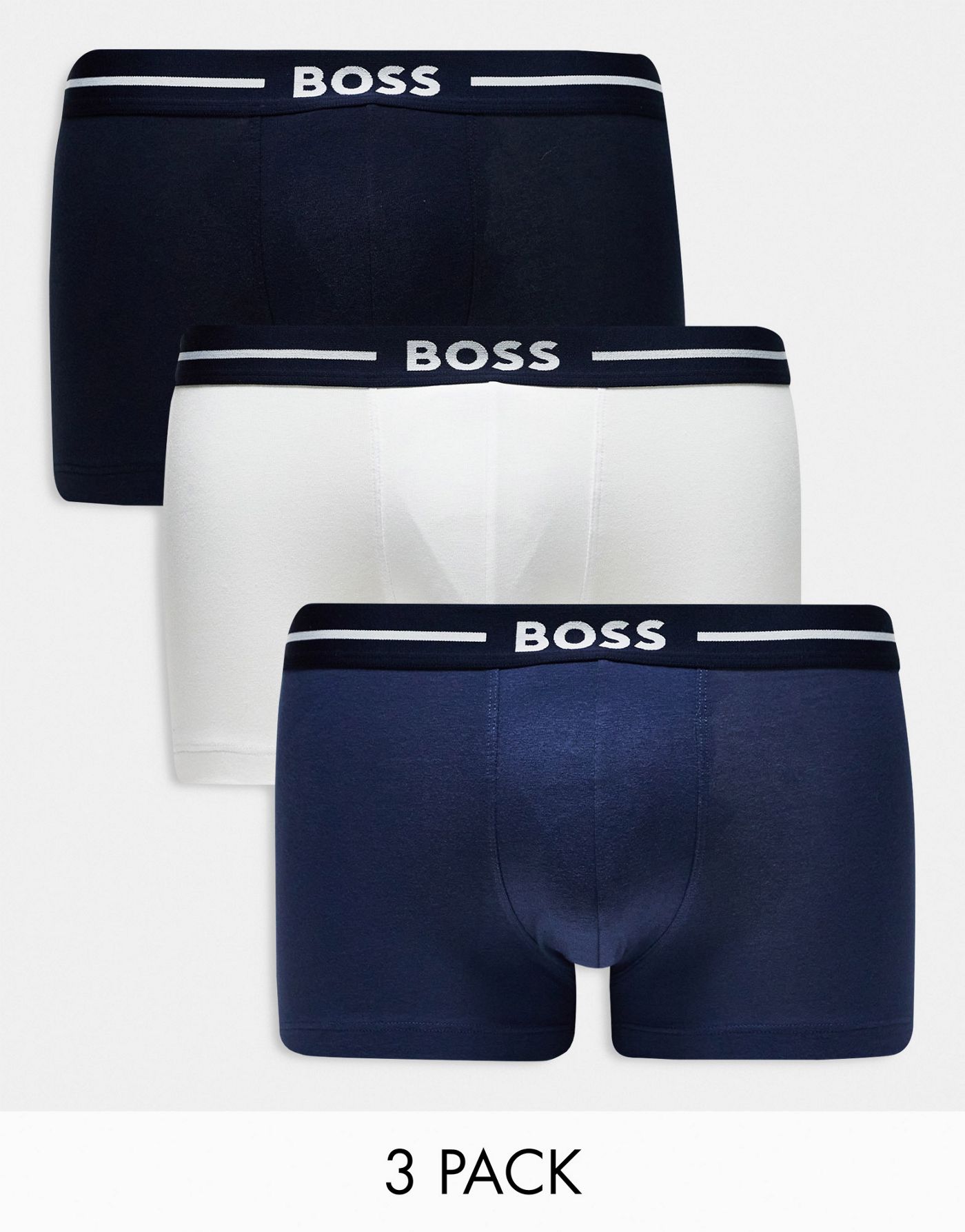 Boss Bodywear bold 3 pack trunks in navy, white and blue 