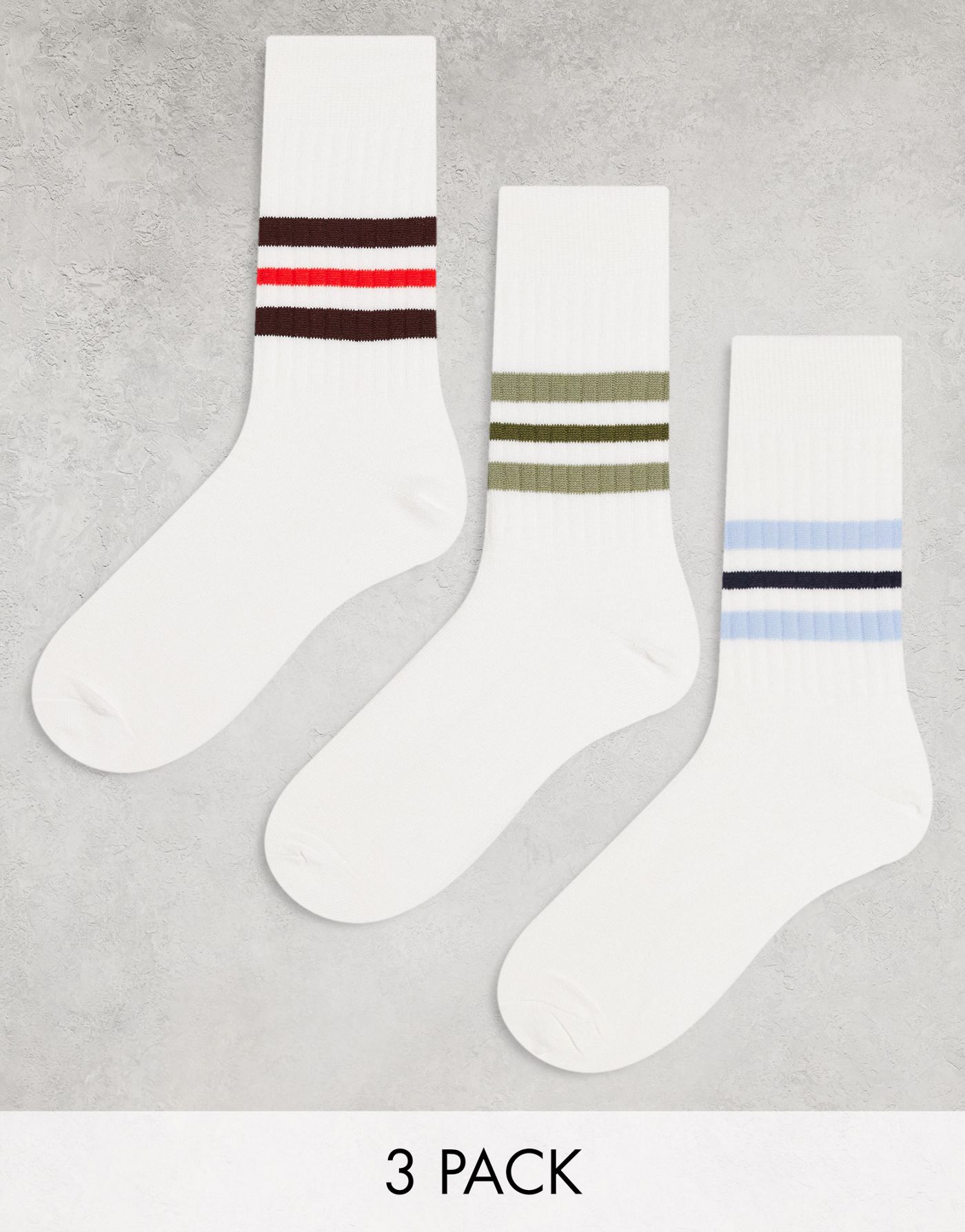 ASOS DESIGN 3 pack ribbed crew socks in ecru with coloured stripes