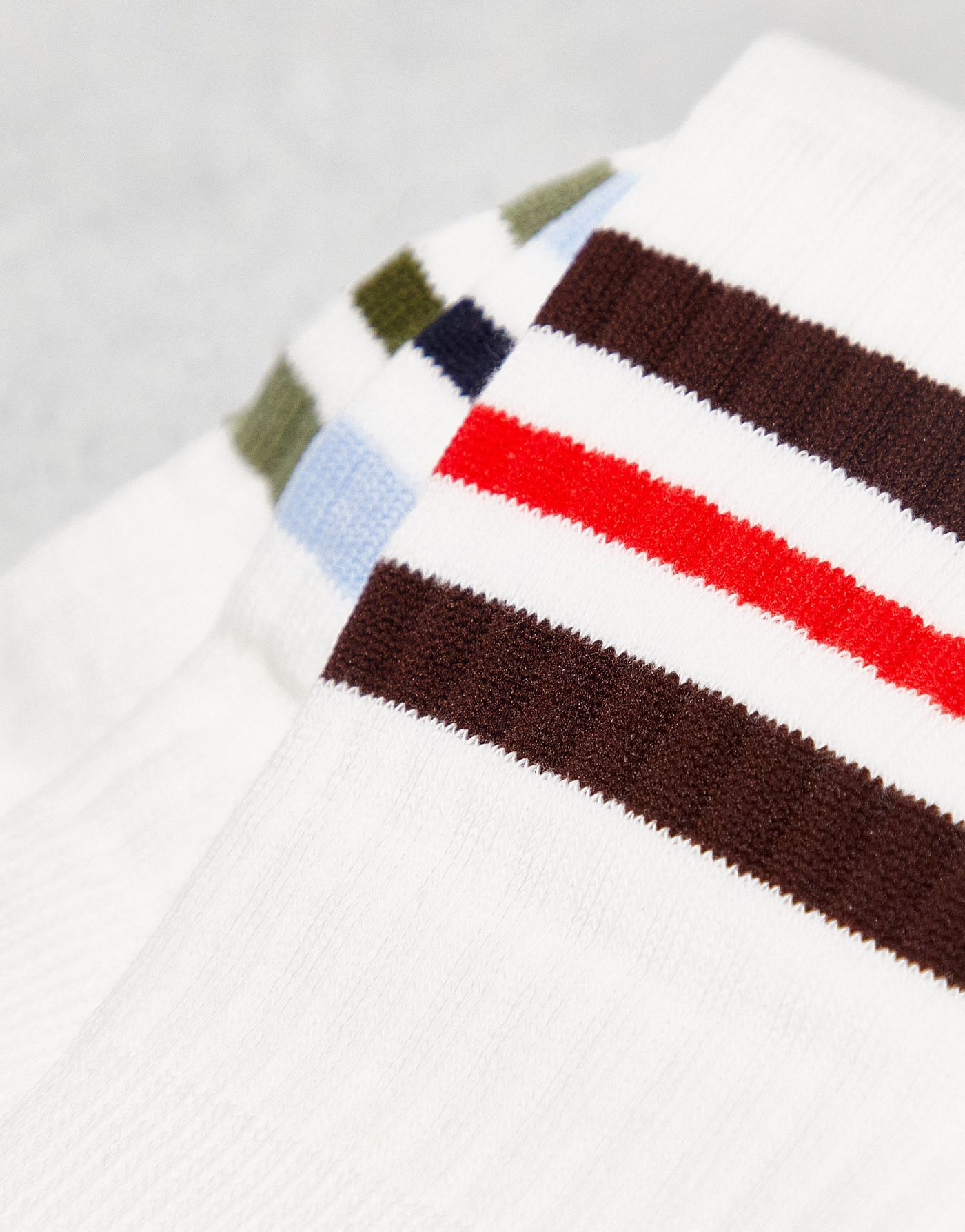 ASOS DESIGN 3 pack ribbed crew socks in ecru with coloured stripes