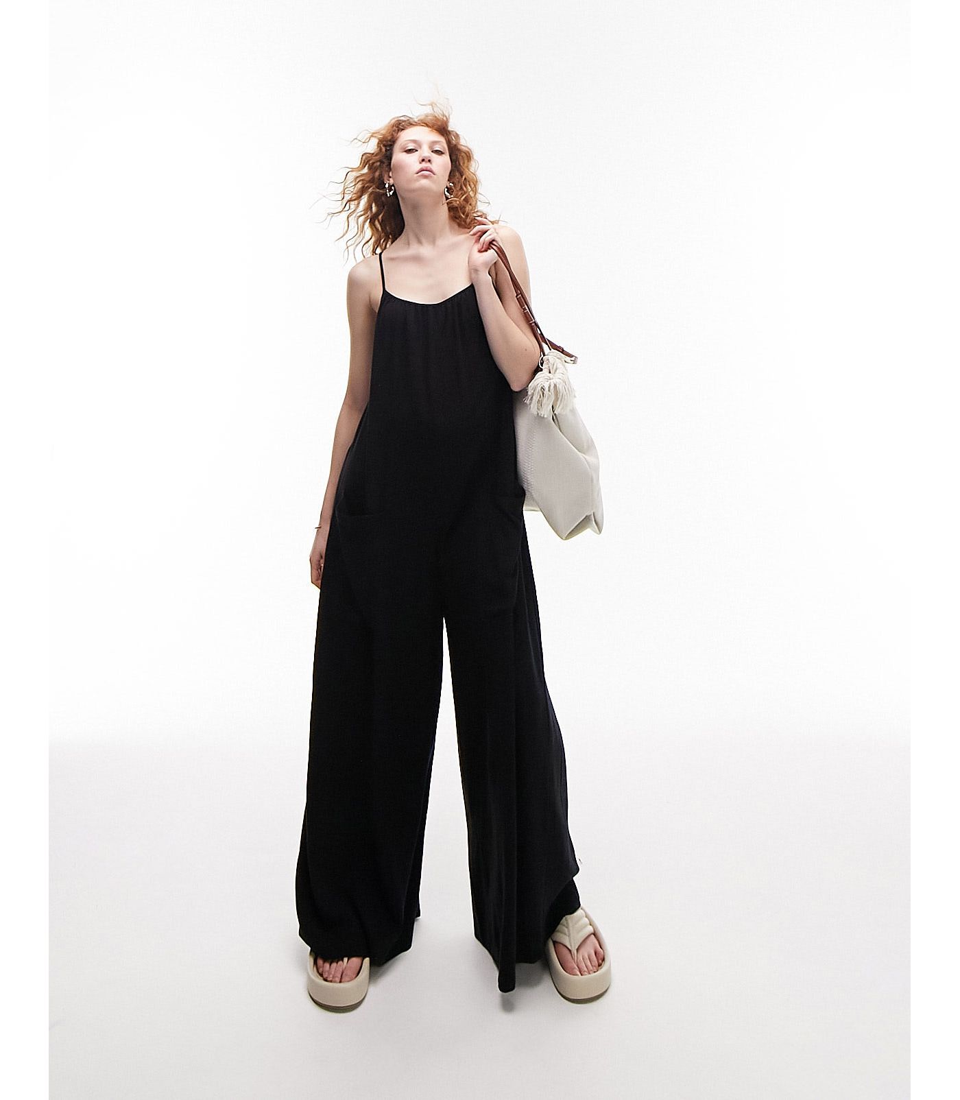 Topshop linen jumpsuit with pockets in black