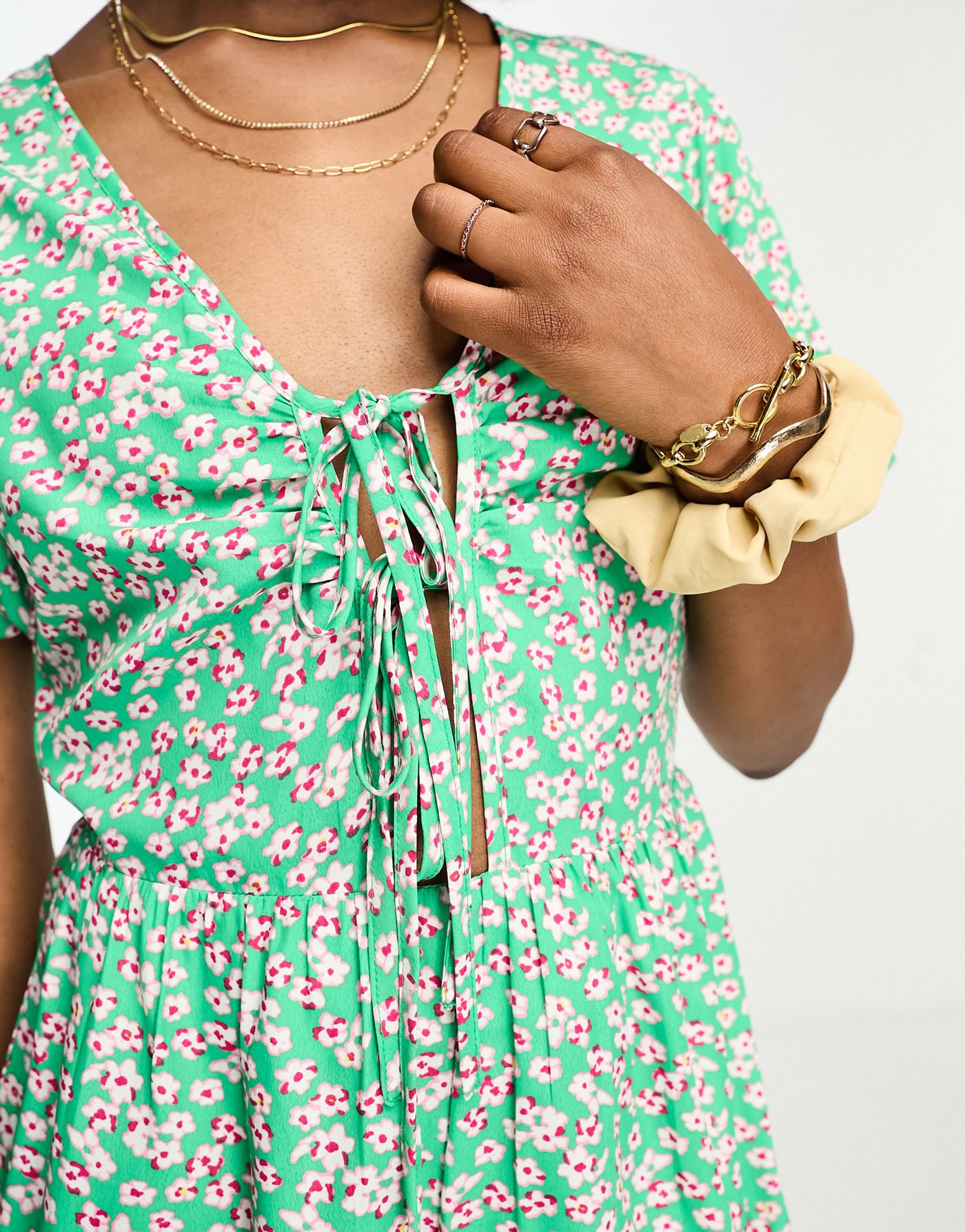 Wednesday's Girl ditsy floral print ruche front playsuit in green