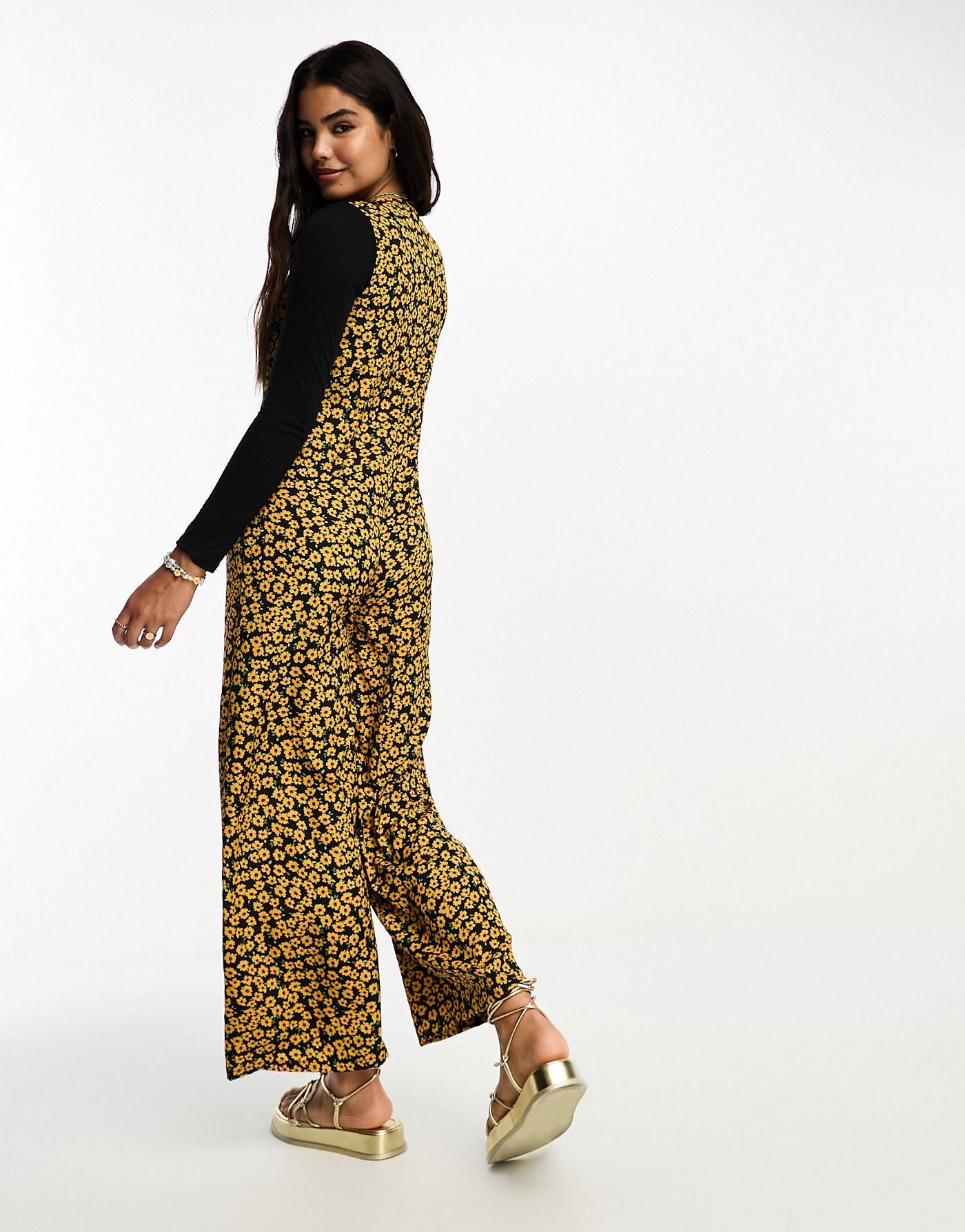 Wednesday's Girl marigold floral overlay long sleeve jumpsuit in yellow 
