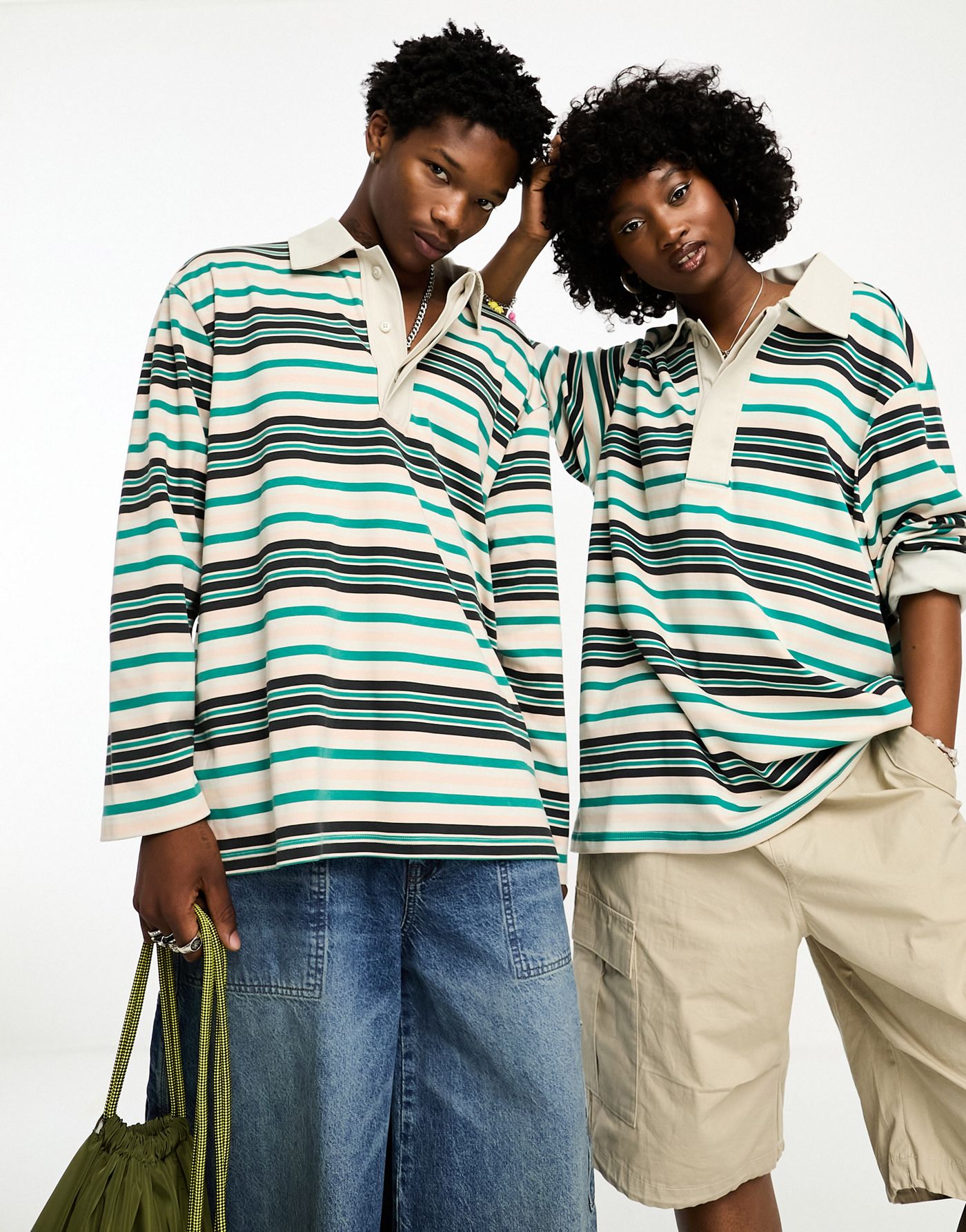 Weekday Unisex Pascal long sleeve polo shirt in stripe exclusive to ASOS