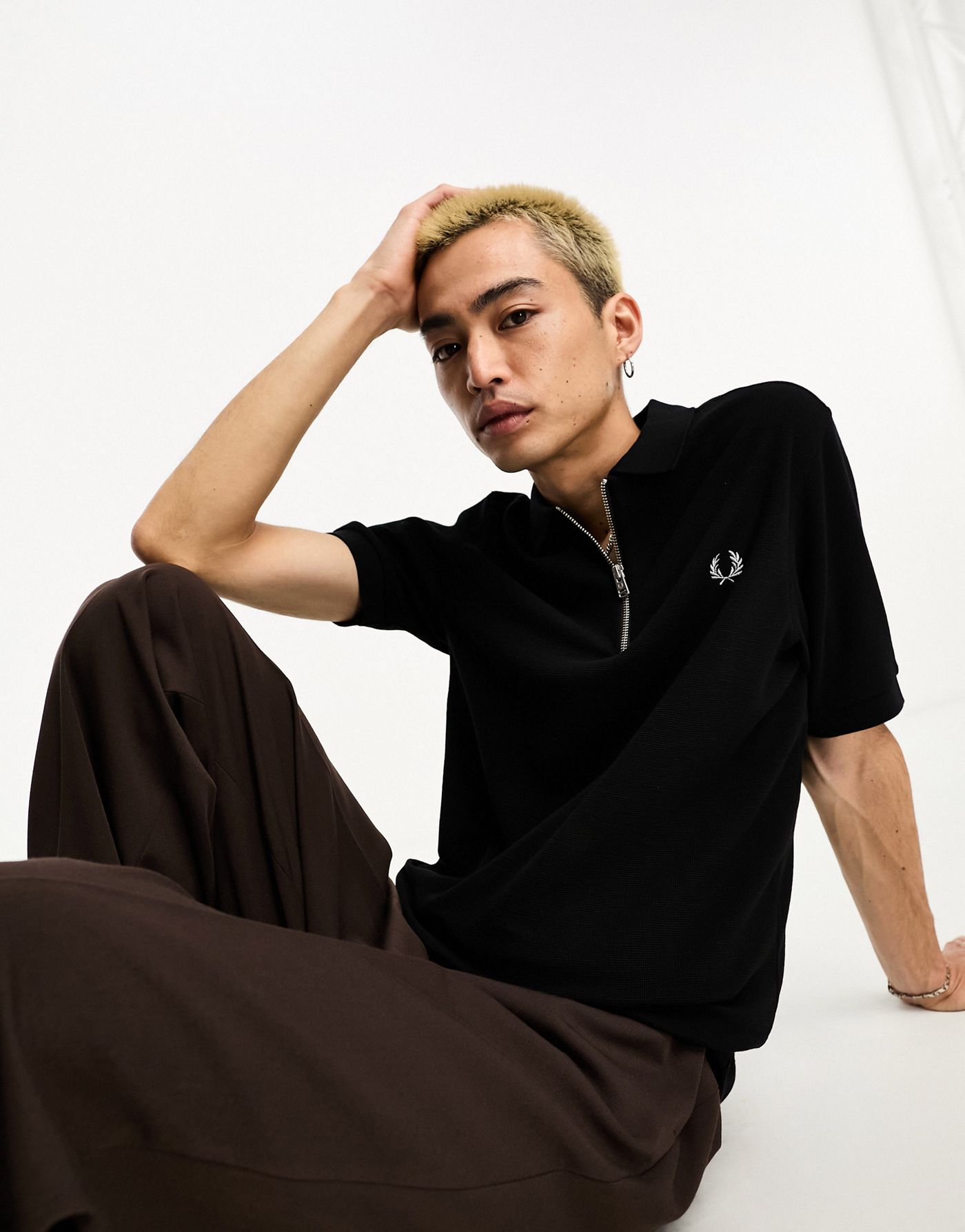 Fred Perry waffle texture zip up polo shirt in black