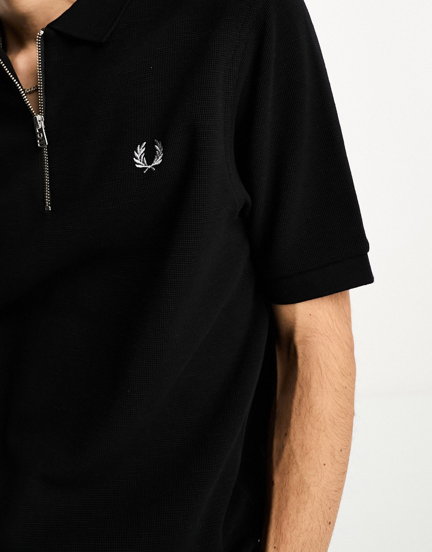 Fred Perry waffle texture zip up polo shirt in black