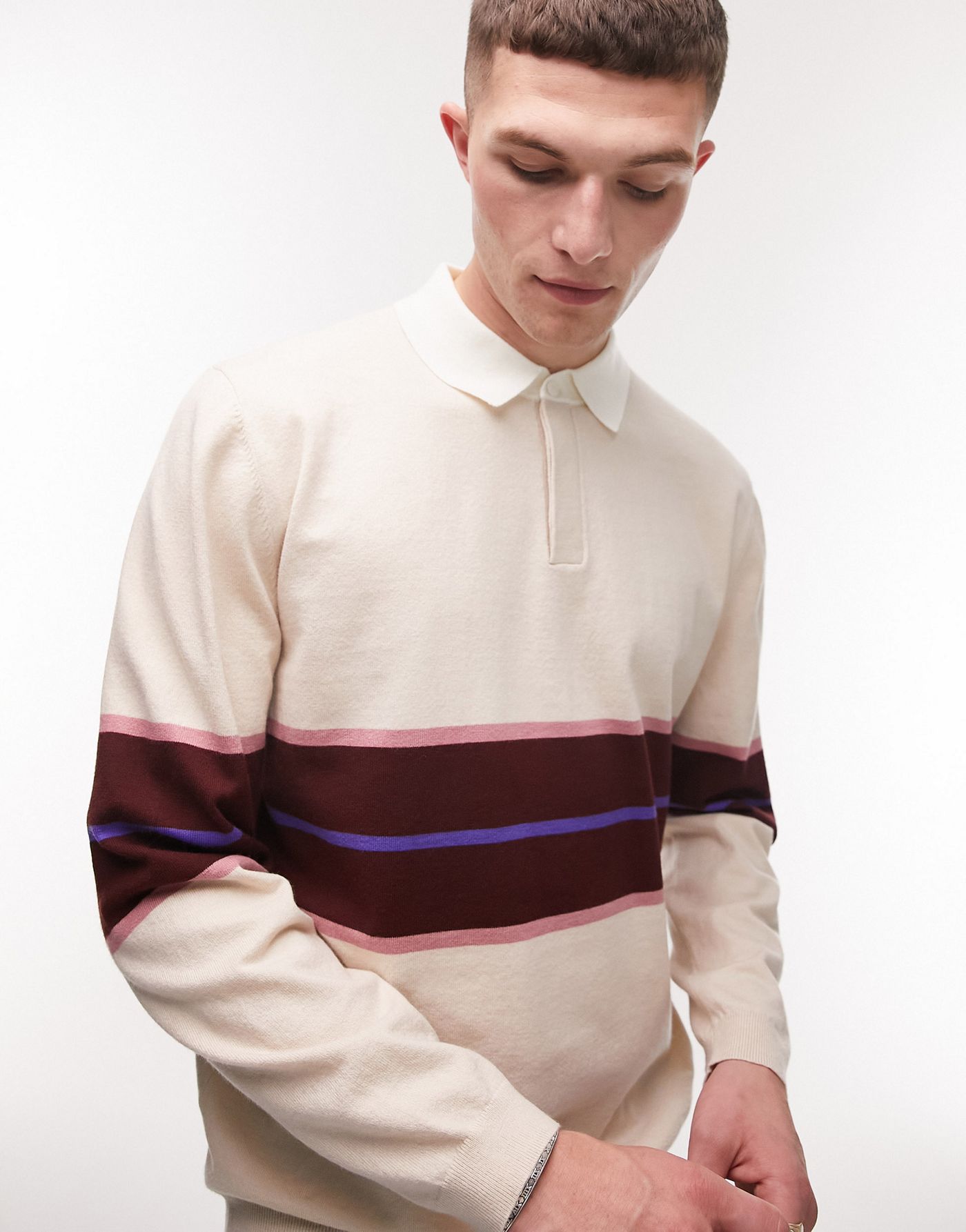 Topman knitted rugby polo with stripe in ecru & pink