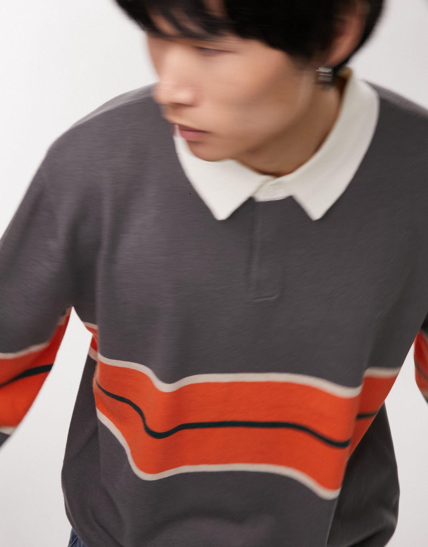 Topman knitted rugby polo with stripe in charcoal & orange