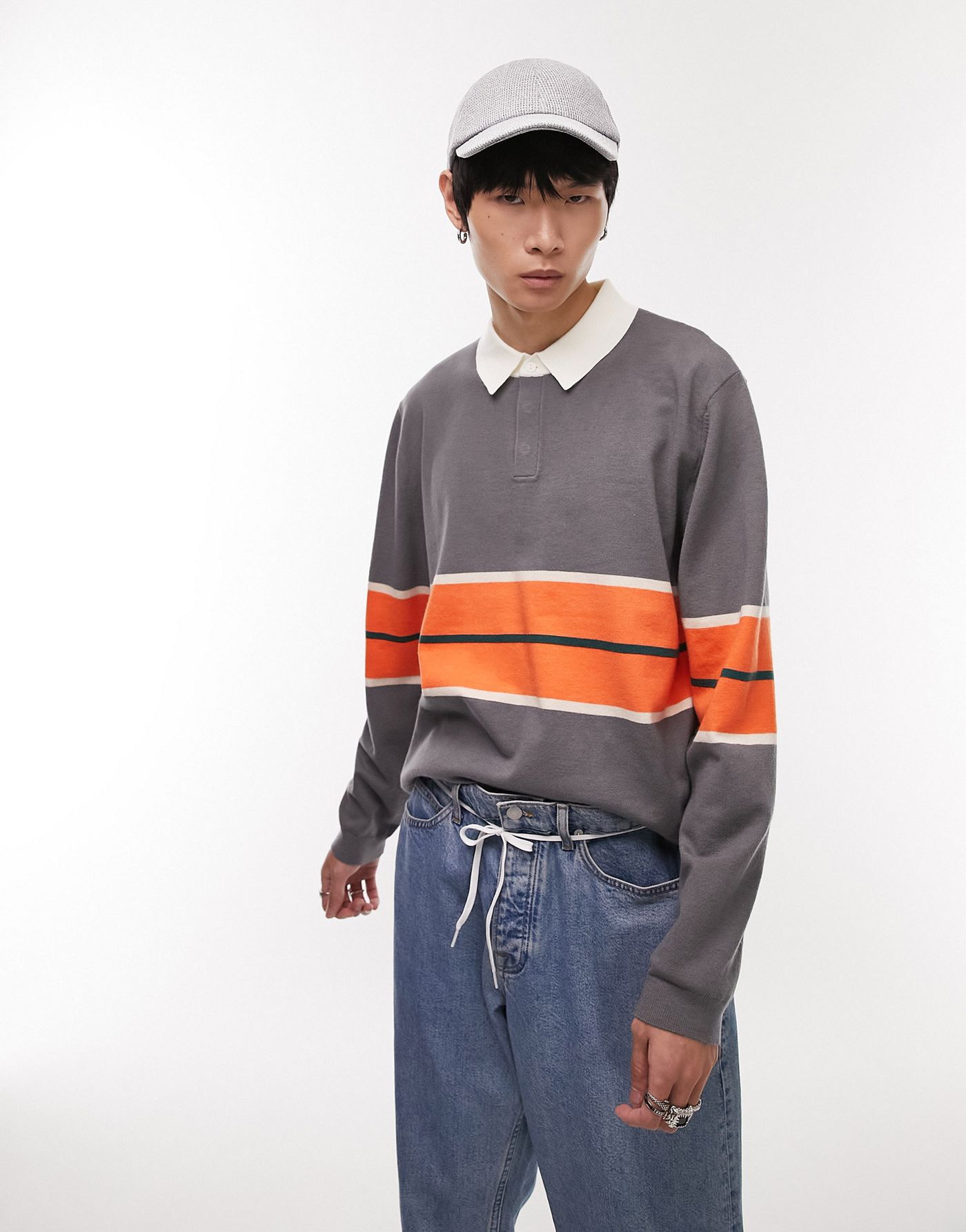 Topman knitted rugby polo with stripe in charcoal & orange