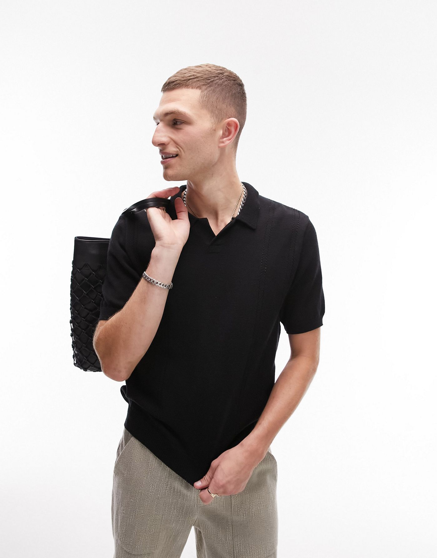 Topman knitted revere neck polo in black