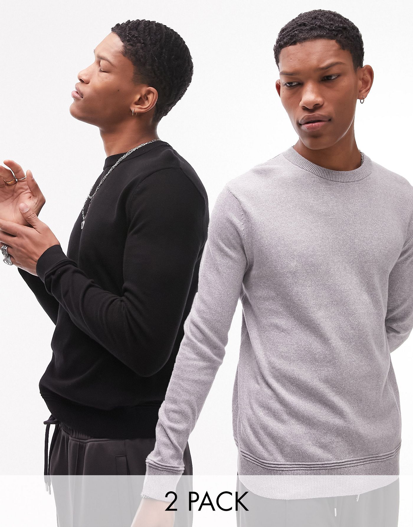 Topman essential knitted crew neck jumper multipack in black and grey