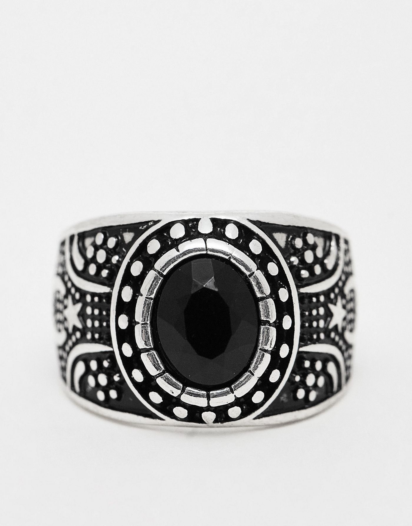 ASOS DESIGN 3 pack ring set with bird skull and black stone in burnished silver tone