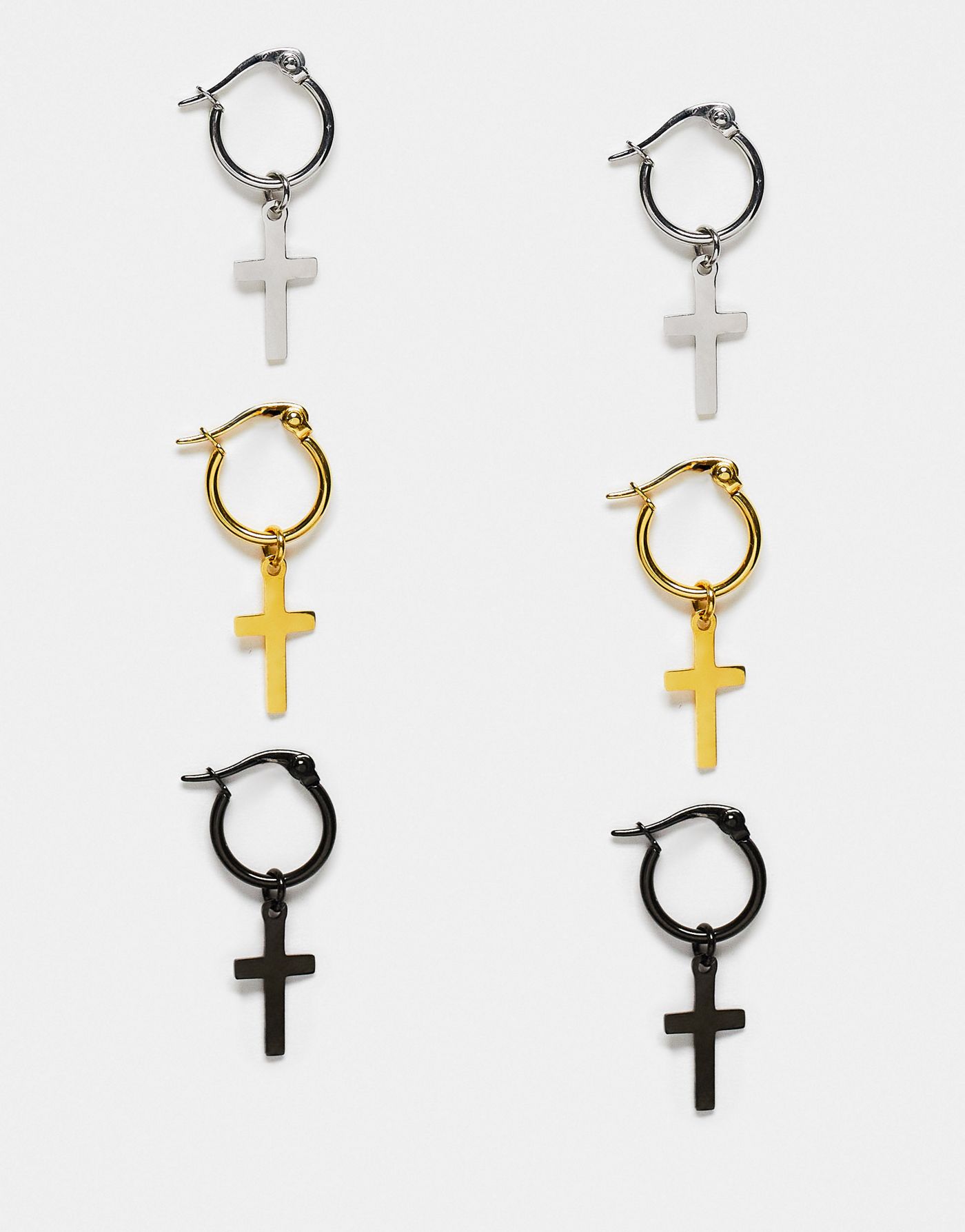 ASOS DESIGN 3 pack waterproof stainless steel hoop earrings set with cross pendant in silver gold and matte black
