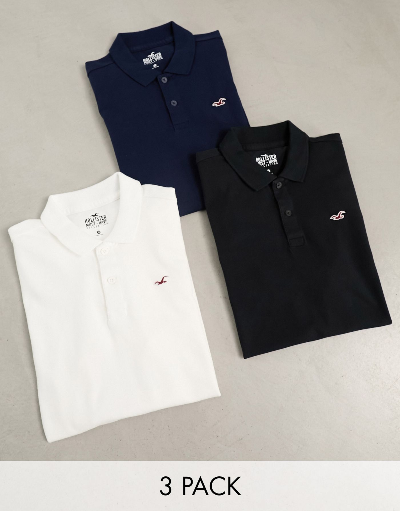 Hollister 3 pack icon logo slim fit pique polo in white/navy/black