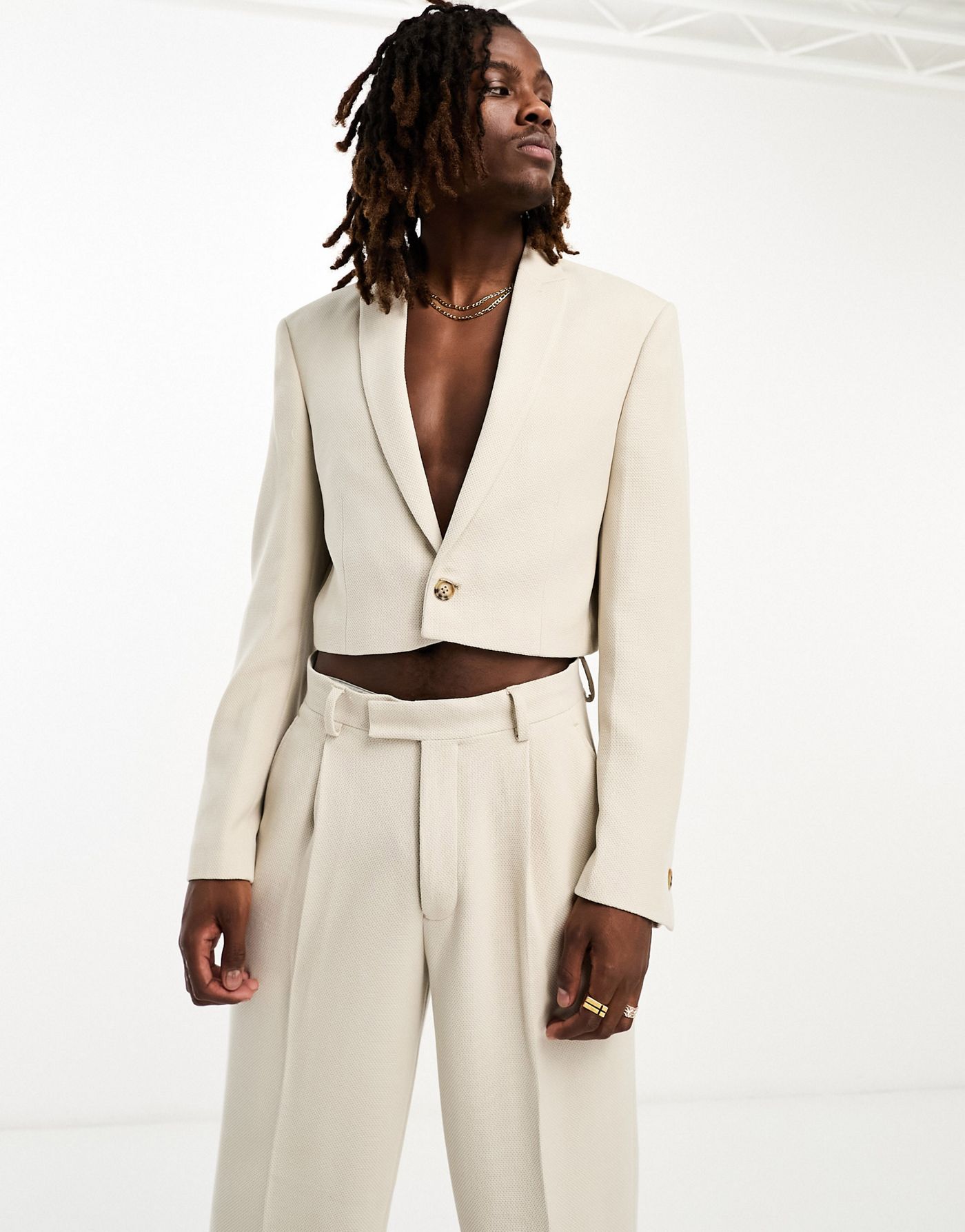 ASOS DESIGN slim super cropped suit jacket in beige textured jersey