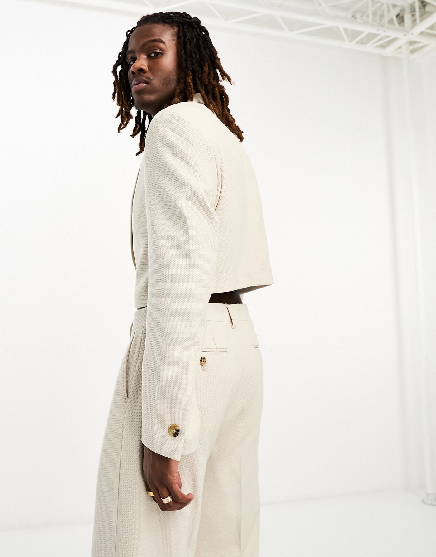 ASOS DESIGN slim super cropped suit jacket in beige textured jersey