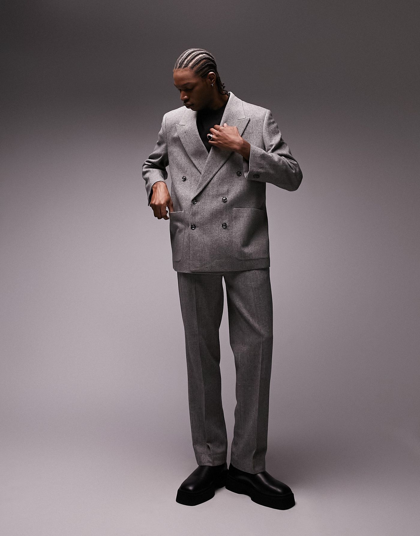 Topman Premium Limited Edition boxy oversized herringbone wool suit blazer in grey
