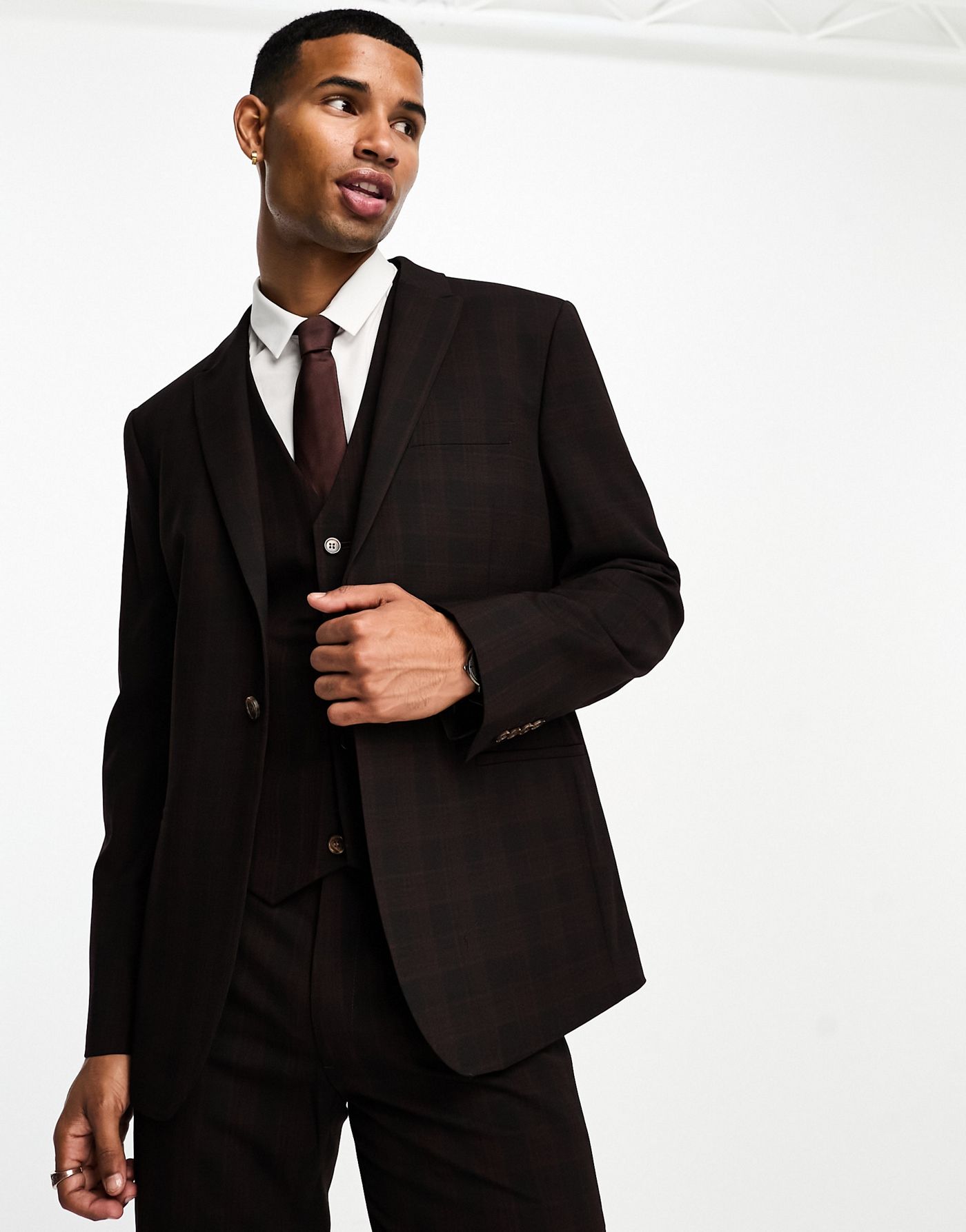 ASOS DESIGN slim suit jacket in burgundy check