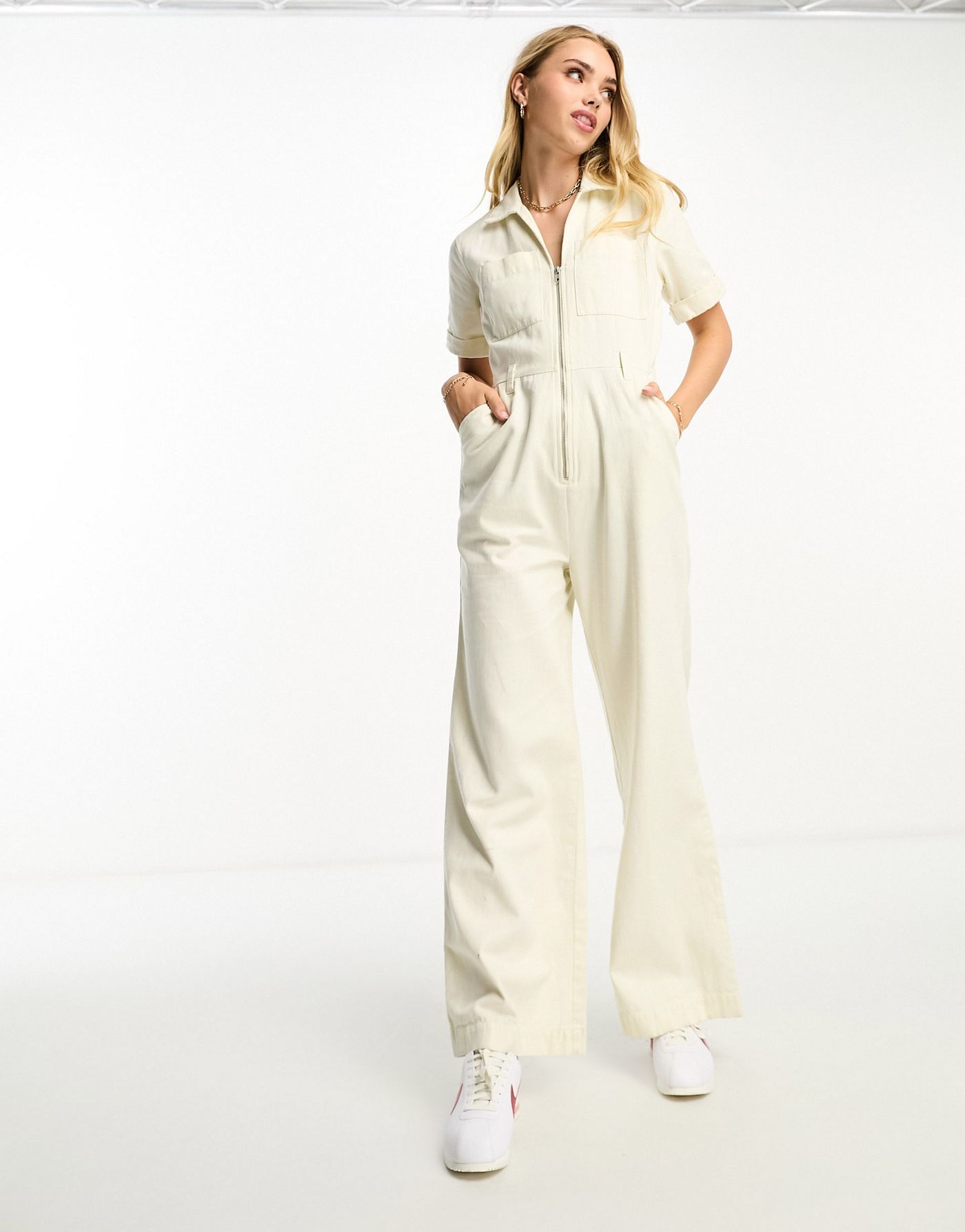 ASOS DESIGN twill collared jumpsuit with wide leg in cream