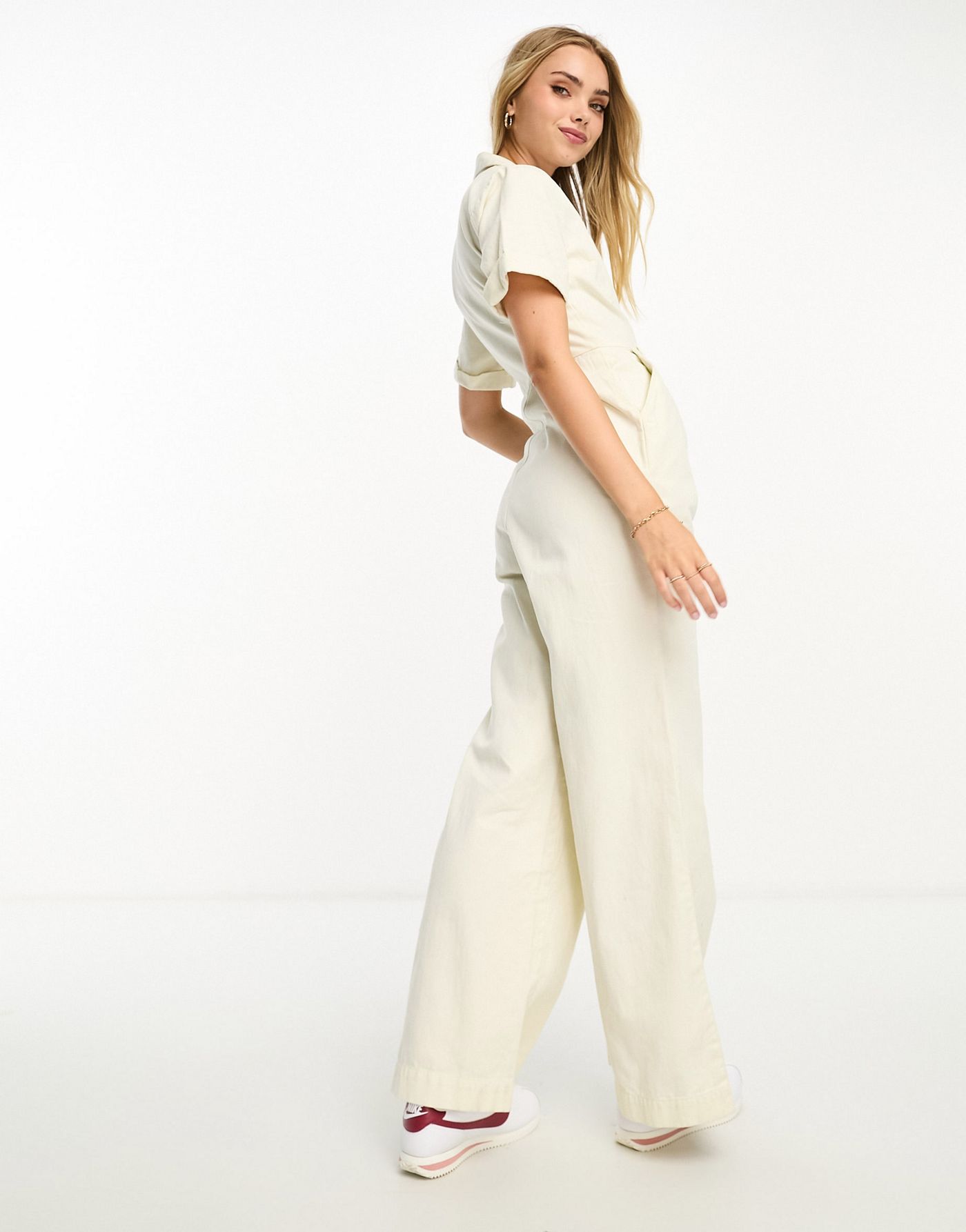 ASOS DESIGN twill collared jumpsuit with wide leg in cream