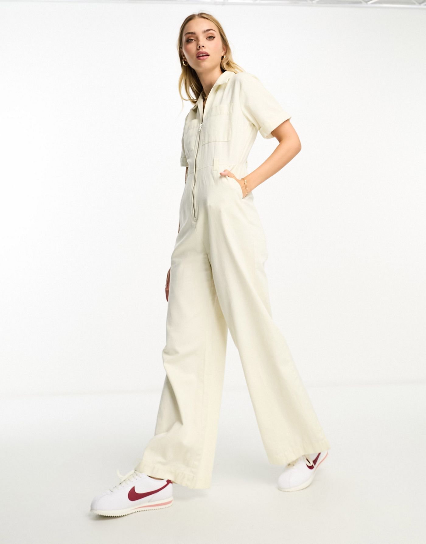 ASOS DESIGN twill collared jumpsuit with wide leg in cream