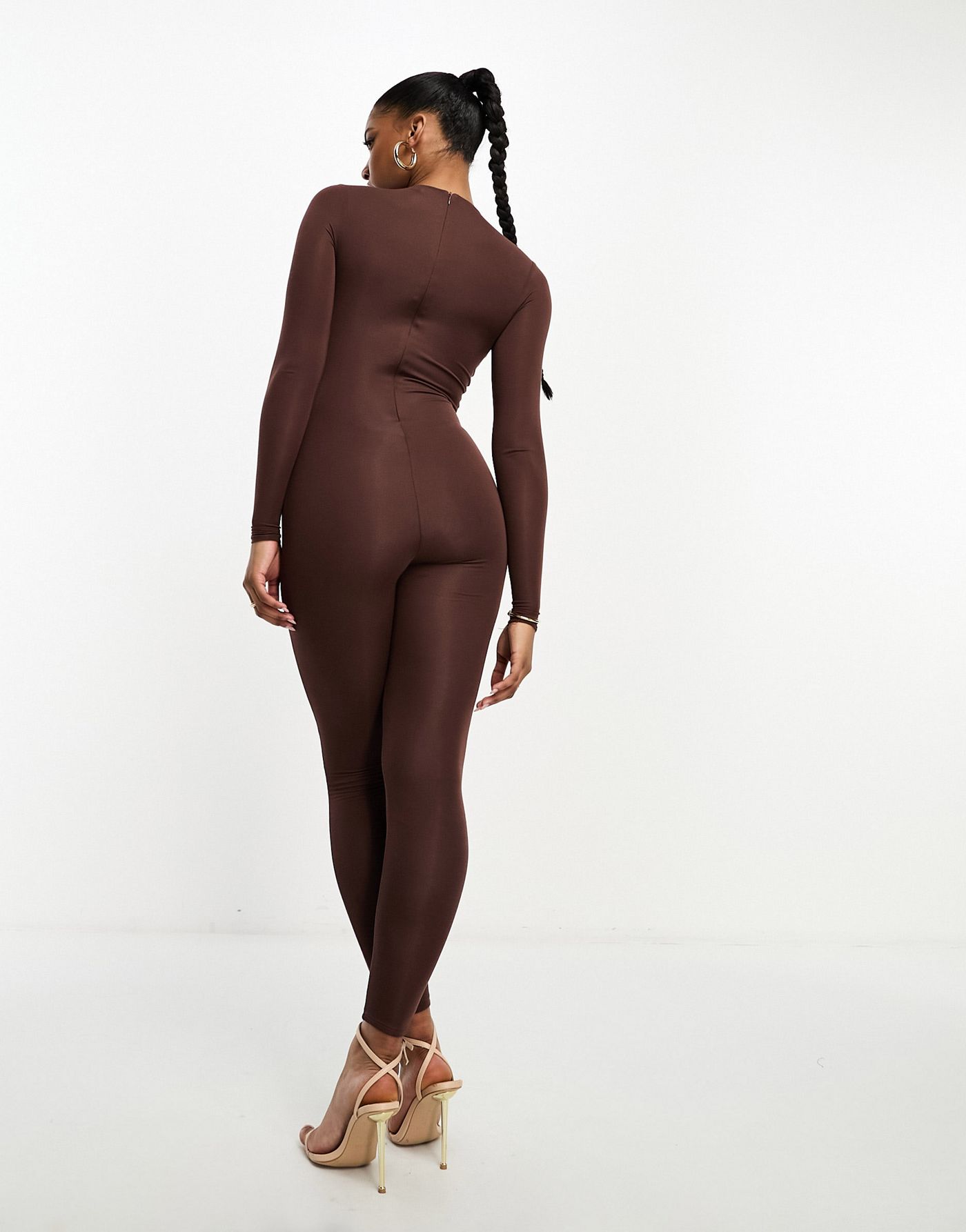 Naked Wardrobe micro modal long sleeve jumpsuit in chocolate