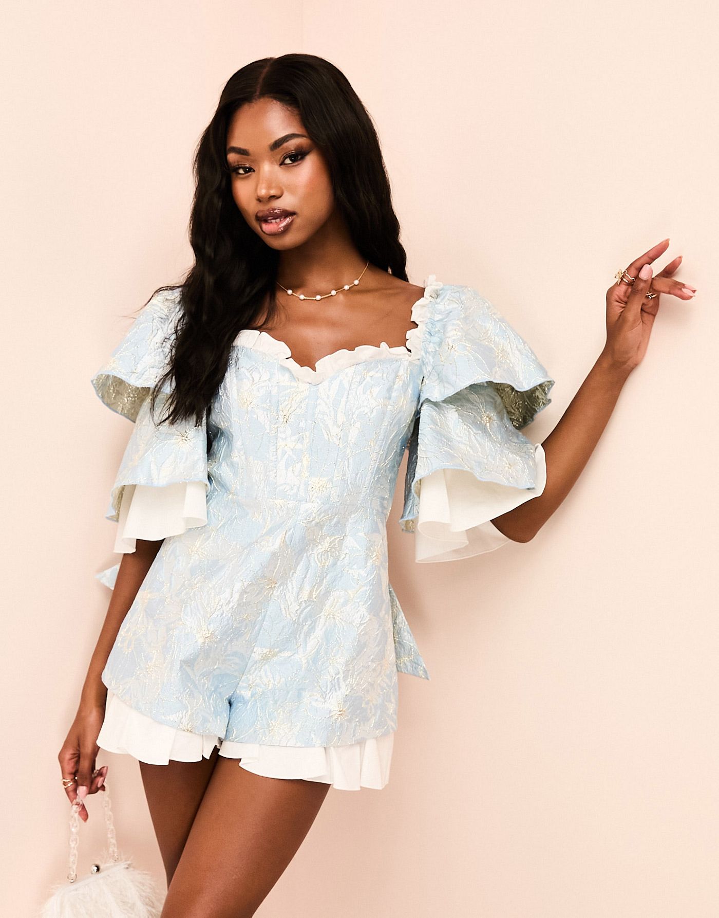 ASOS LUXE jacquard poplin mix playsuit with bow & frill sleeves detail in blue