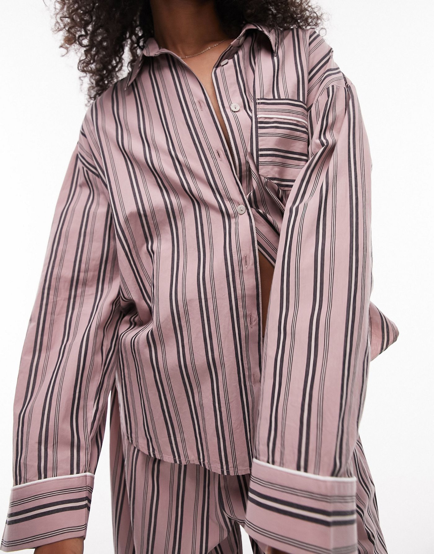 Topshop cotton stripe pyjama shirt and trouser pyjama set in pink