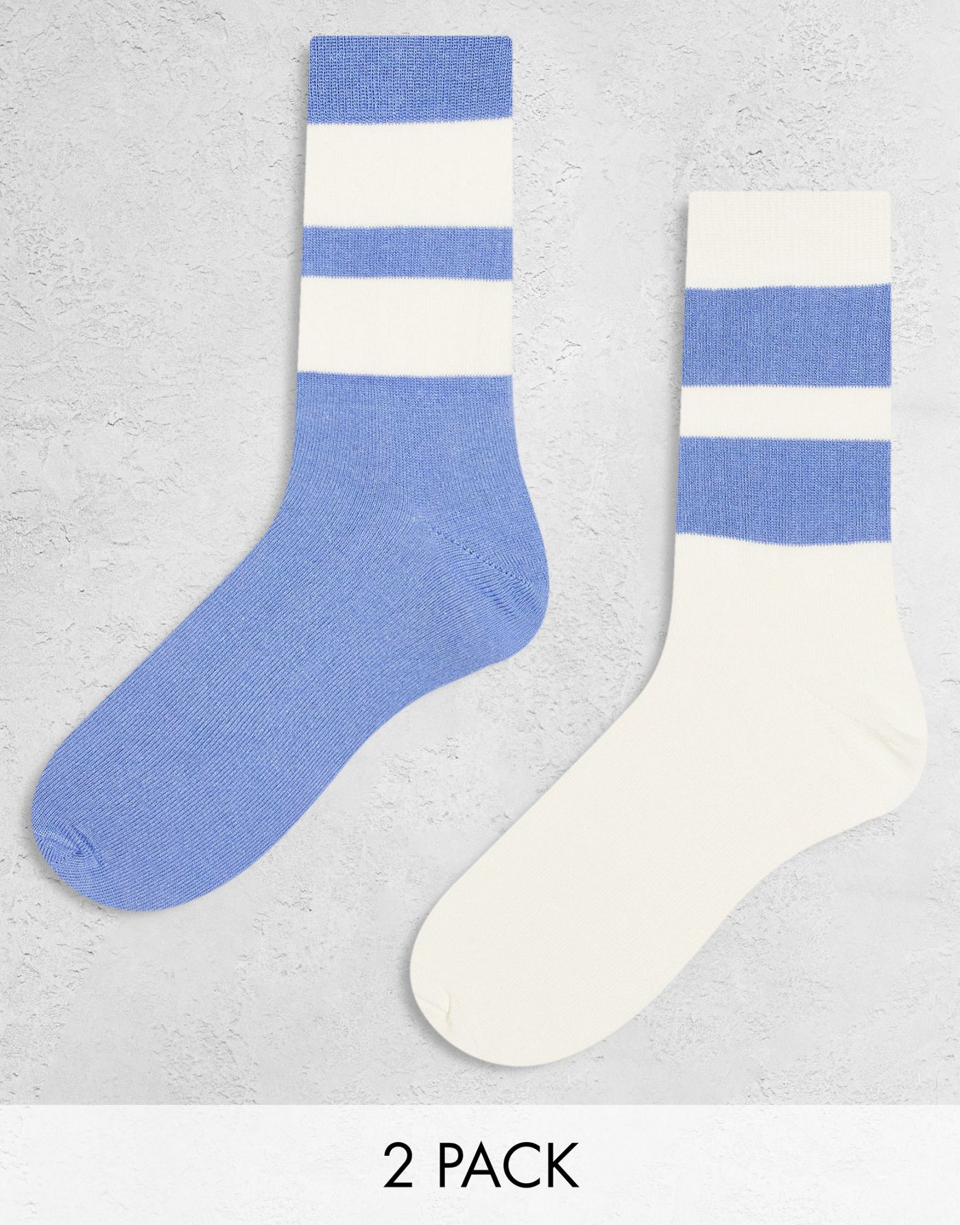 ASOS DESIGN 2 pack ankle sock with wide stripes in blue and off-white