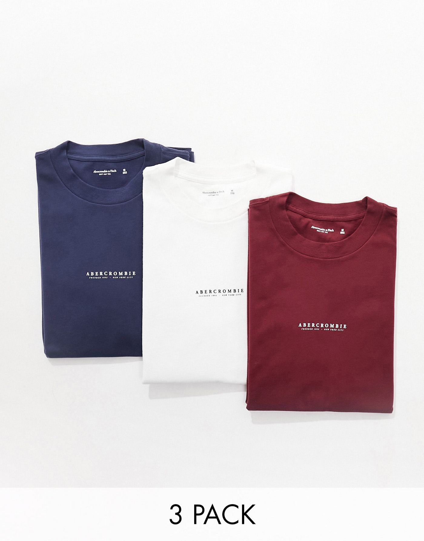 Abercrombie & Fitch 3 pack centre chest logo relaxed fit t-shirt in dark blue/burgundy/white