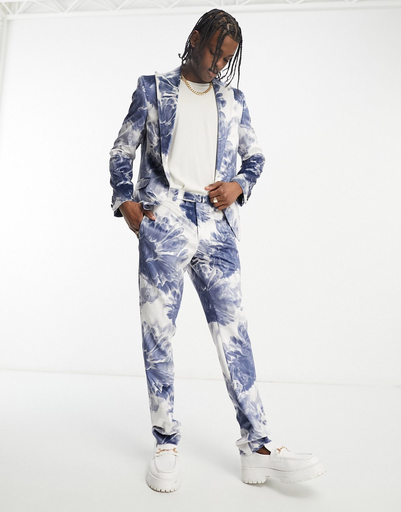 Twisted Tailor judd suit jacket in white with blue ink floral print