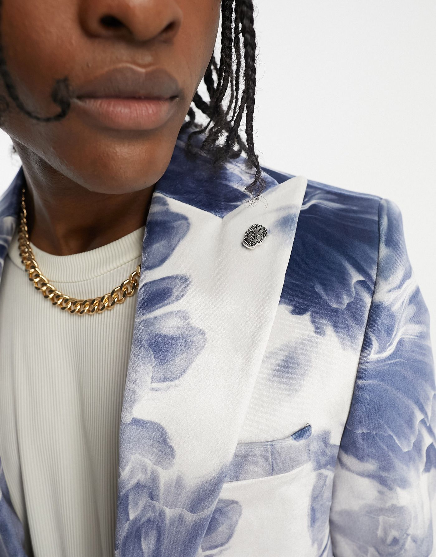 Twisted Tailor judd suit jacket in white with blue ink floral print