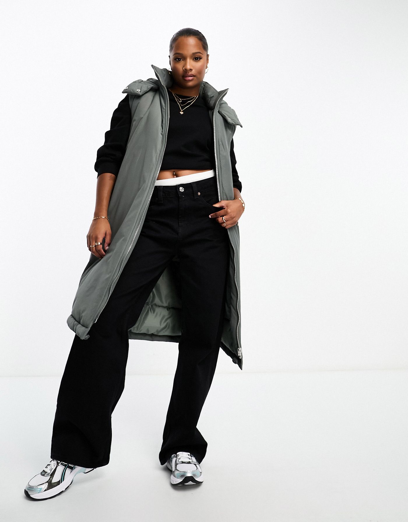 ASOS DESIGN Petite longline paper touch gilet with hood in charcoal