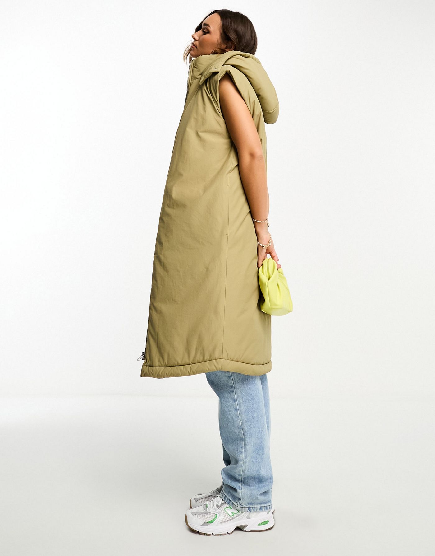 ASOS DESIGN longline paper touch gilet with hood in washed khaki