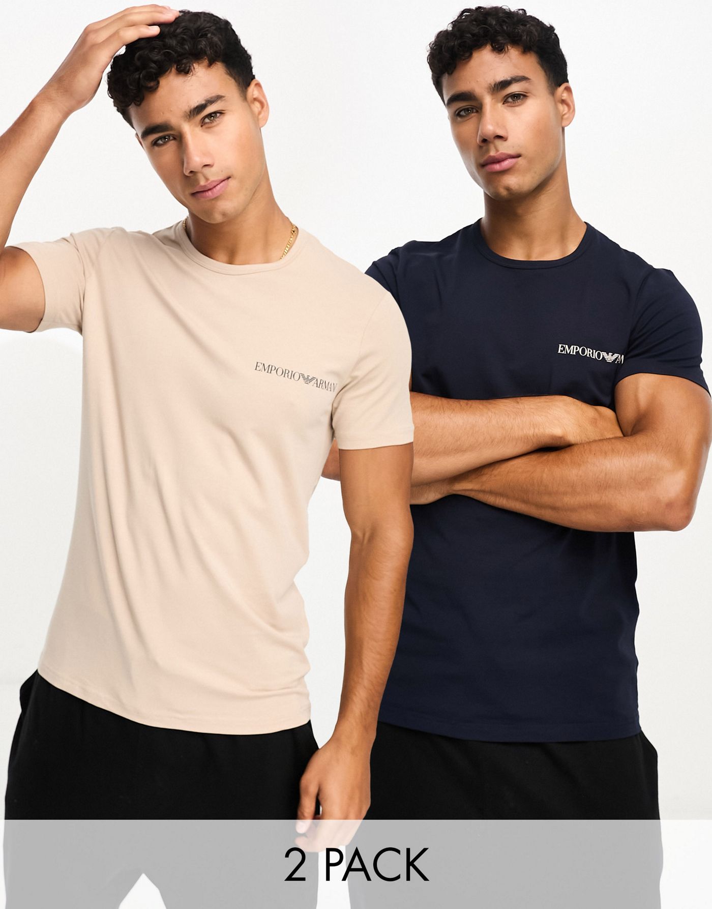 Emporio Armani bodywear 2 pack t-shirts in navy and beige