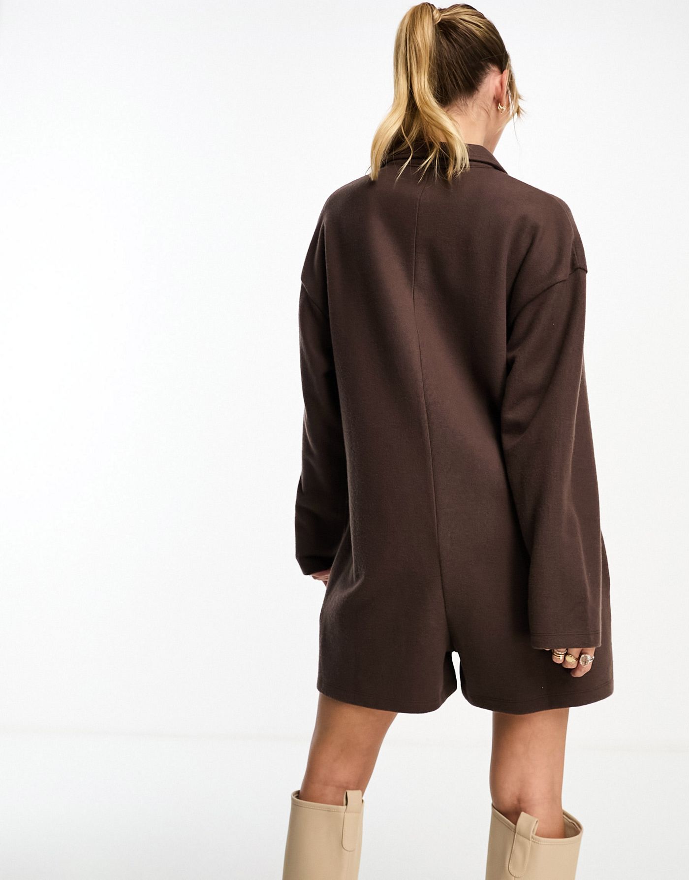 ASOS DESIGN super soft rib playsuit with long sleeve in chocolate